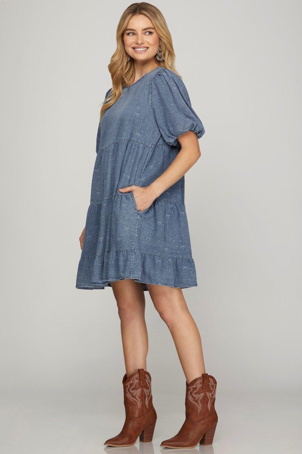 Bow Print Woven Chambray Dress Product Image