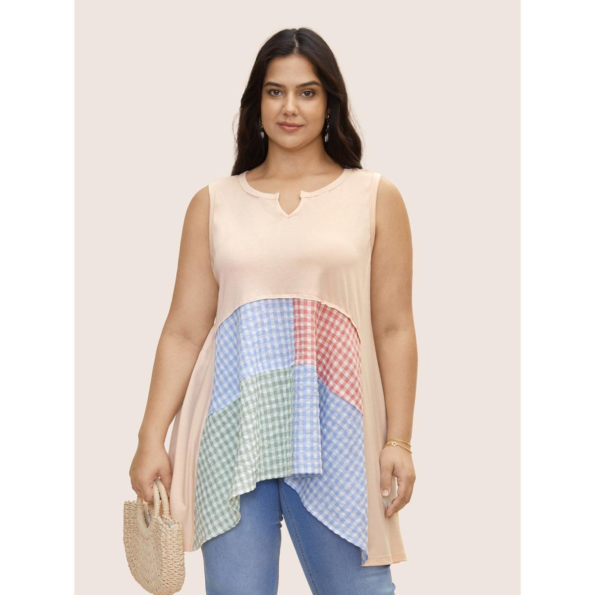 Plus Size Notched Collar Gingham Contrast Patchwork Tank Top Women Apricot Resort Contrast Notched collar Vacation Tank Tops Camis BloomChic 18-20/2X Product Image