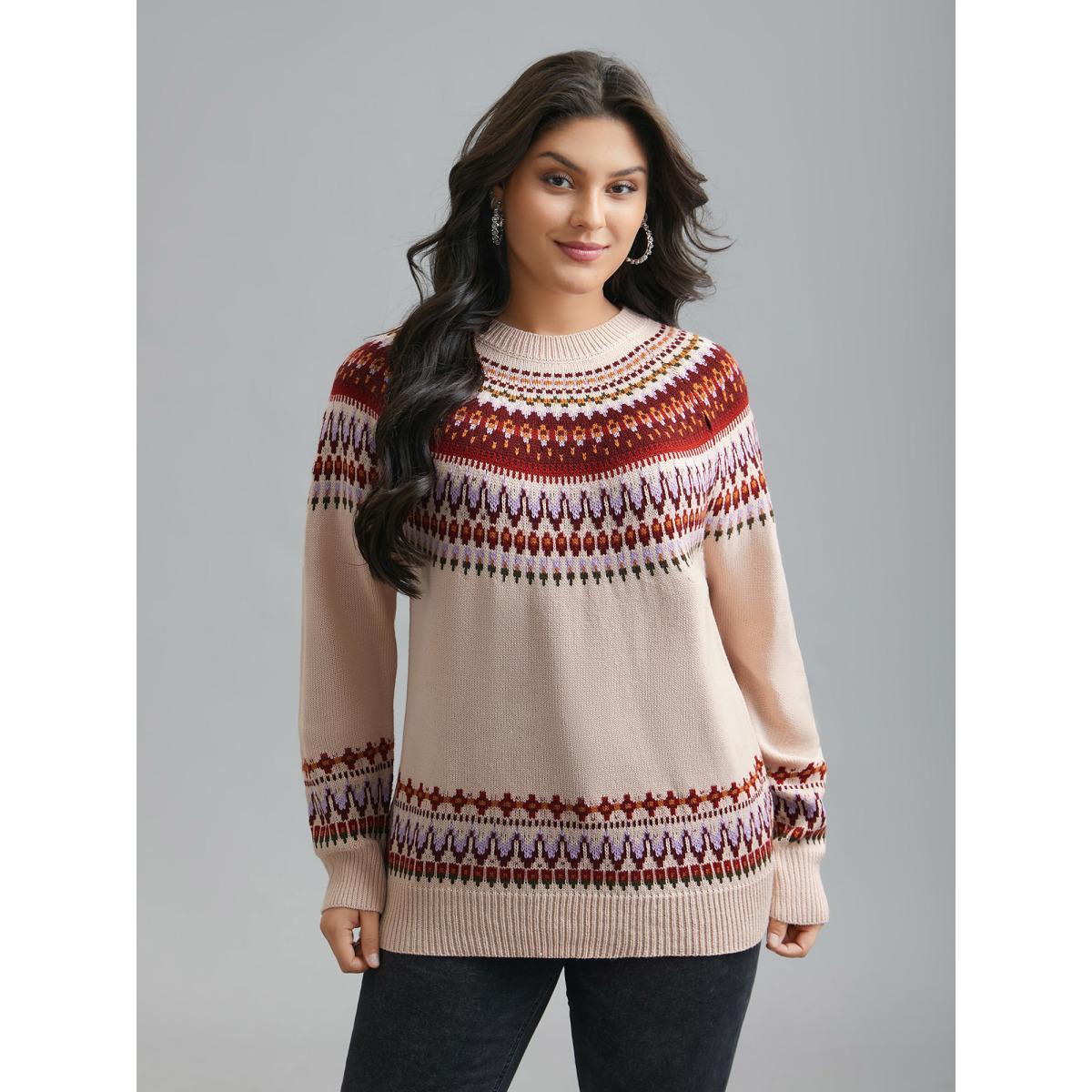 Plus Size Round Neck Bandana Color Contrast Pullover Apricot Women Casual Loose Long Sleeve Round Neck Everyday Pullovers BloomChic 28/5X Product Image