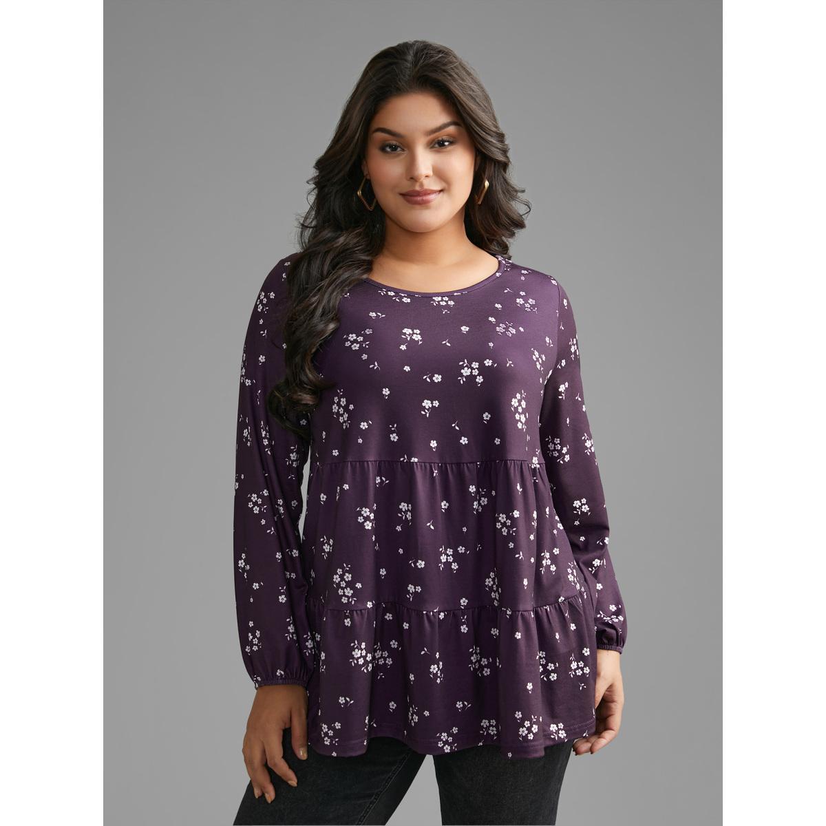 Plus Size Ditsy Floral Gathered Ruffle Hem T-shirt Eggplant Women Casual Gathered Natural Flowers Round Neck Loose Everyday T-shirts BloomChic 28/5X Product Image