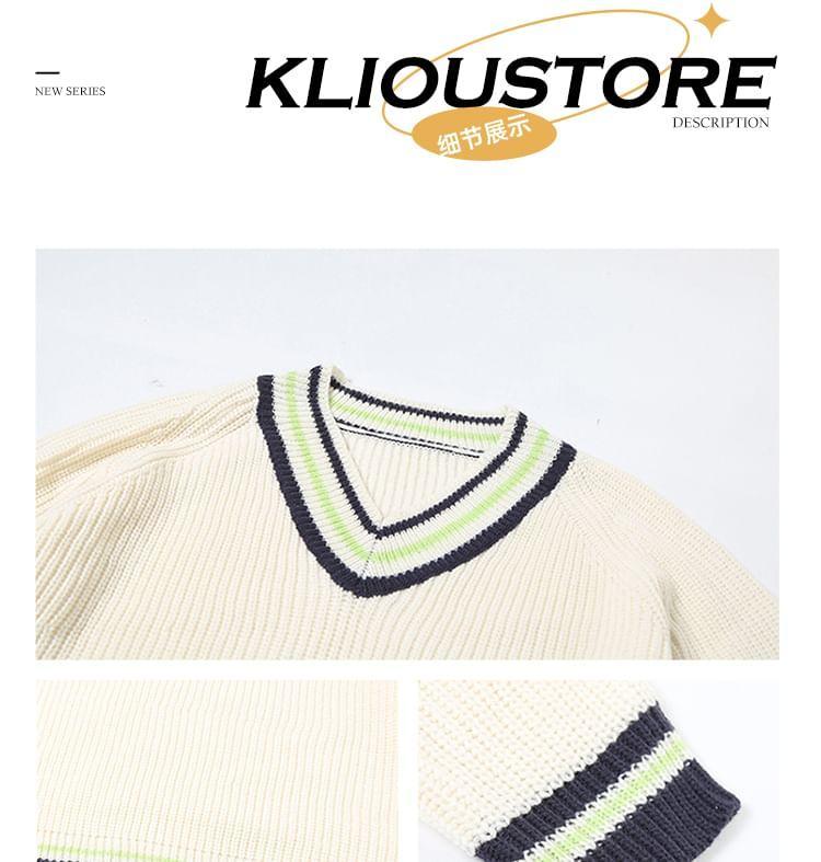 V-Neck Plain Contrast Trim Ribbed Sweater Product Image