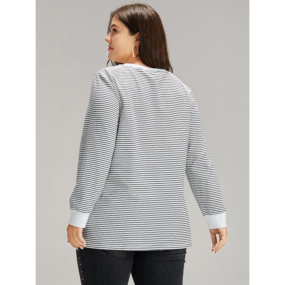 Plus Size Cotton Striped Striped Sweatshirt Women Indigo Casual Elastic cuffs Round Neck Everyday Sweatshirts BloomChic 12/L Product Image