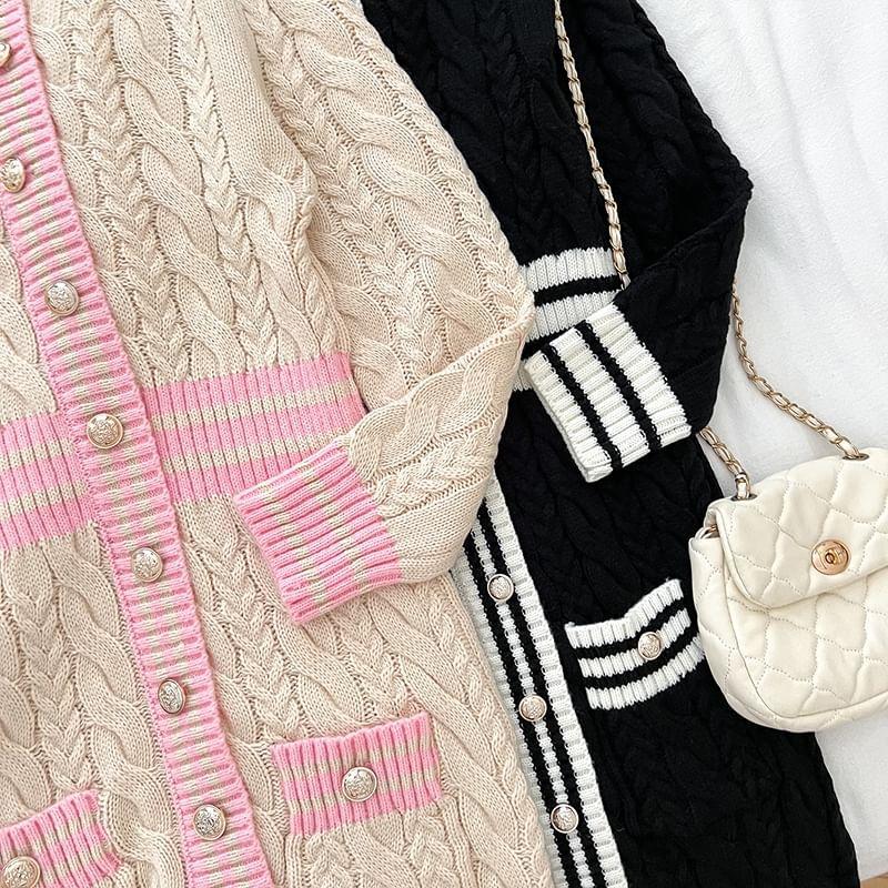 Long-Sleeve Cable Knit Button-Up Midi Dress Product Image