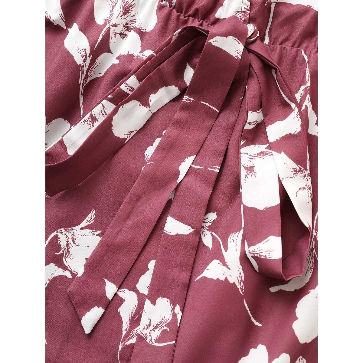 Plus Size Floral Ruffle Knot Side Wrap Dress DustyPink Women Elegant Ruffles V-neck Short sleeve Curvy Midi Dress BloomChic 10/M Product Image
