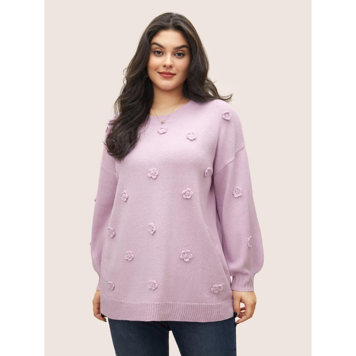Plus Size Stereo Flower Design Drop Shoulder Pullover Lilac Women Elegant Long Sleeve Round Neck Everyday Pullovers BloomChic 22-24/3X Product Image