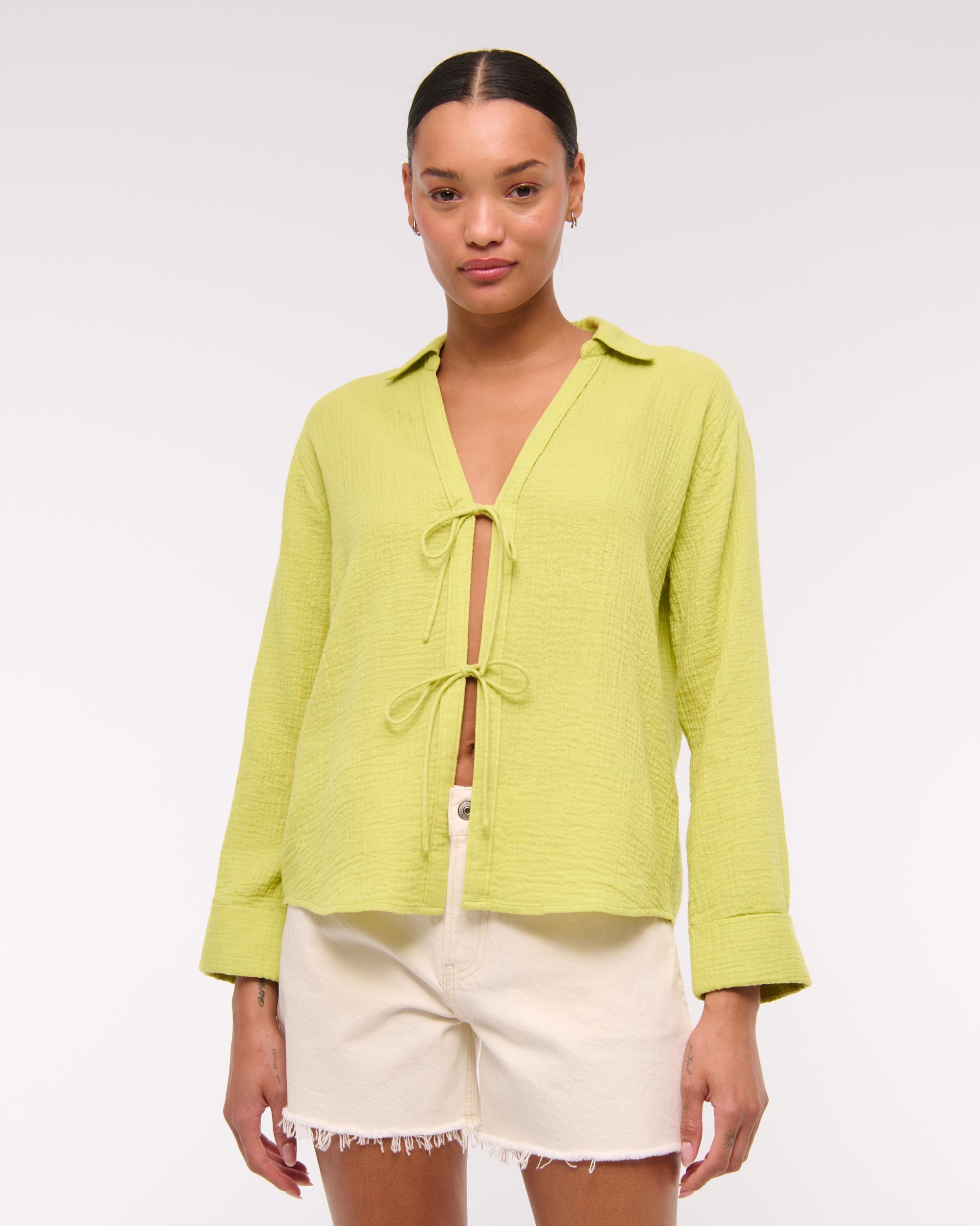 Long-Sleeve Oversized Tie-Front Gauzy Shirt Product Image
