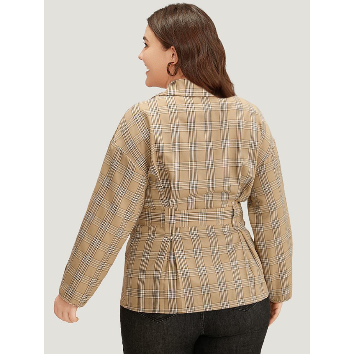 Plus Size Plaid Metal Buckle Detail Pleated Coat Women Tan Casual Belted Ladies Dailywear Winter Coats BloomChic 28/5X Product Image