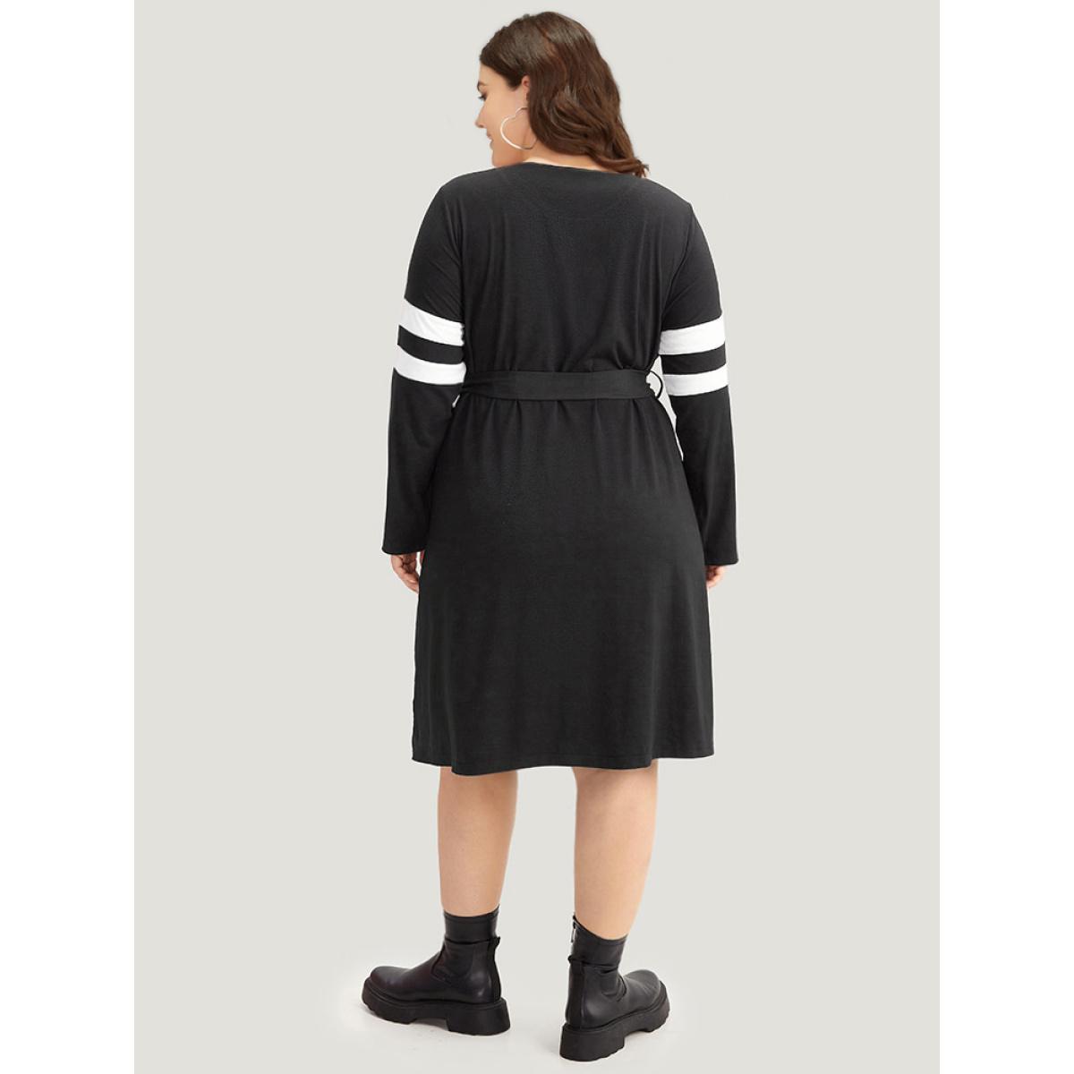 Plus Size Colorblock Patchwork Zipper Belted Dress Black Women Casual Belted Round Neck Long Sleeve Curvy Midi Dress BloomChic 10/M Product Image