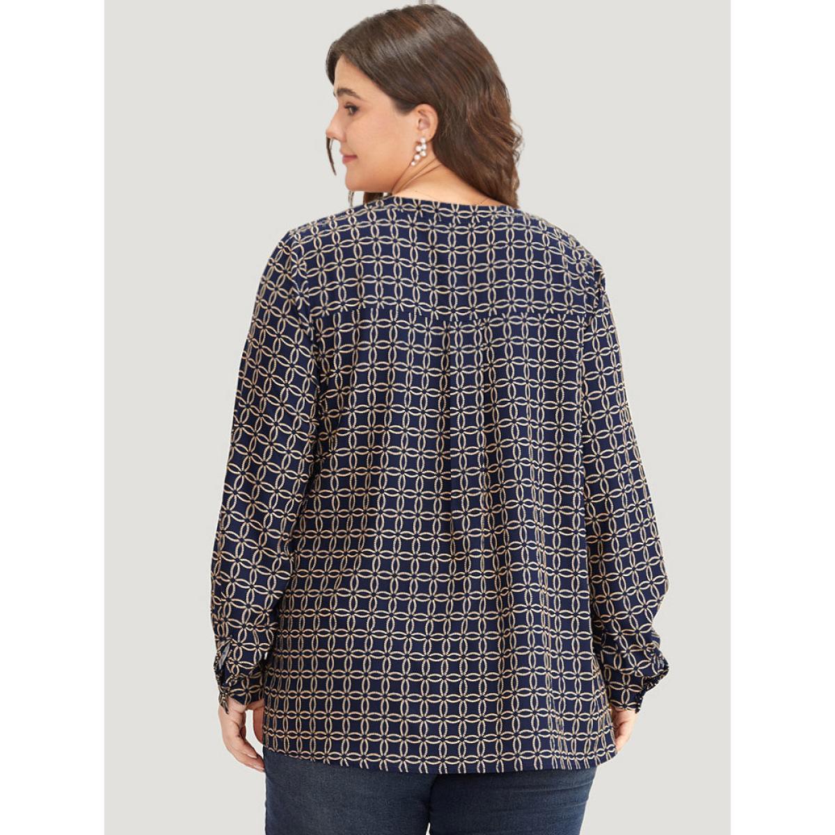 Plus Size Indigo Geometric Graphic Pleated Detail Blouse Women Office Long Sleeve V-neck Work Blouses BloomChic 26/4X Product Image
