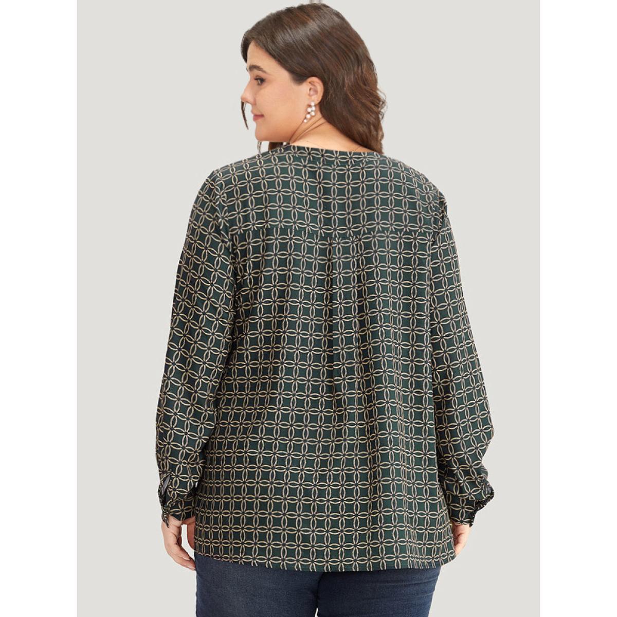 Plus Size ArmyGreen Geometric Graphic Pleated Detail Blouse Women Office Long Sleeve V-neck Work Blouses BloomChic 10/M Product Image