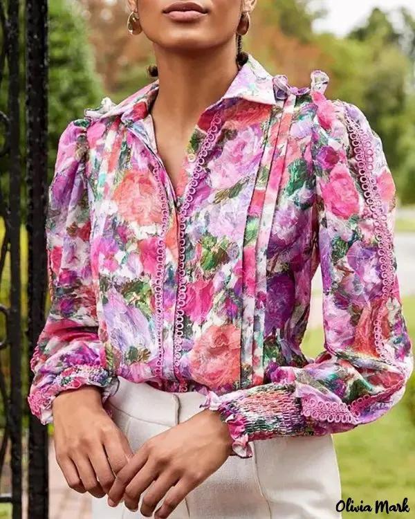Olivia Mark – Contrast lace floral print top with lantern sleeves and ruffled hem Product Image