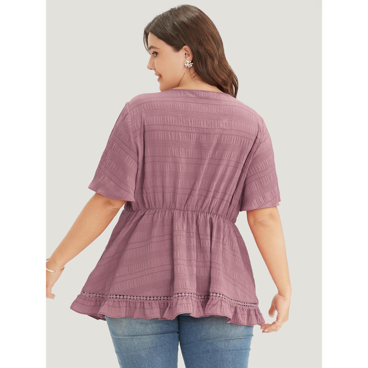 Plus Size Mauve Solid Textured Knot Lace Ruffle Trim Blouse Women Elegant Short sleeve V-neck Dailywear Blouses BloomChic 14-16/1X Product Image