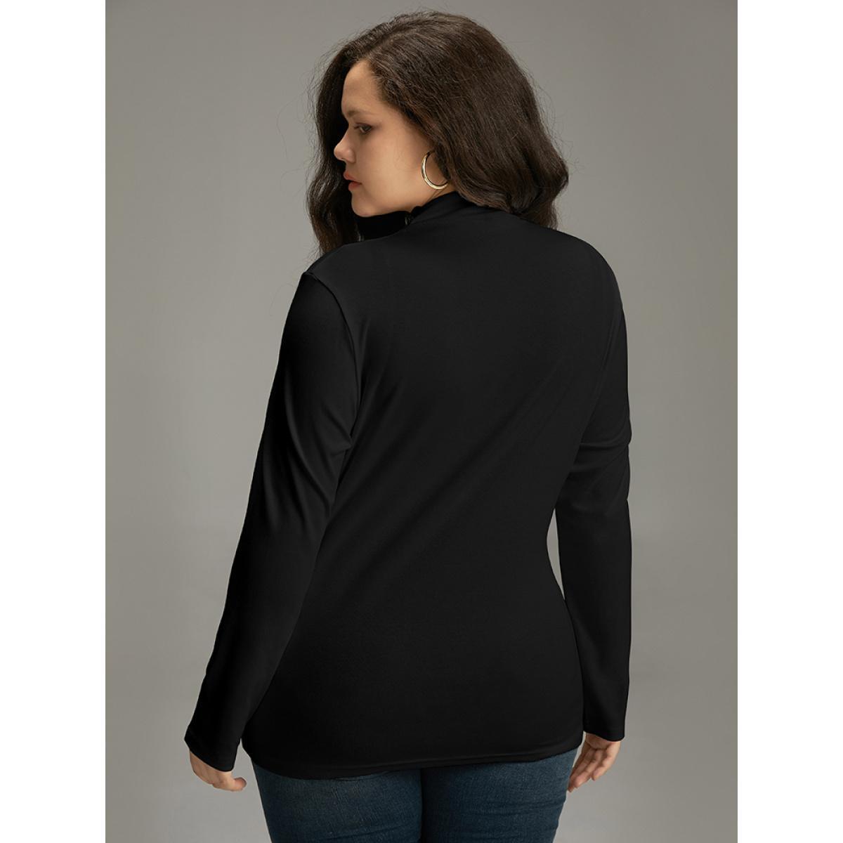 Plus Size Cotton Solid Mock Neck T-shirt Black Women Casual Plain Plain Mock Neck Dailywear T-shirts BloomChic 30/6X Product Image