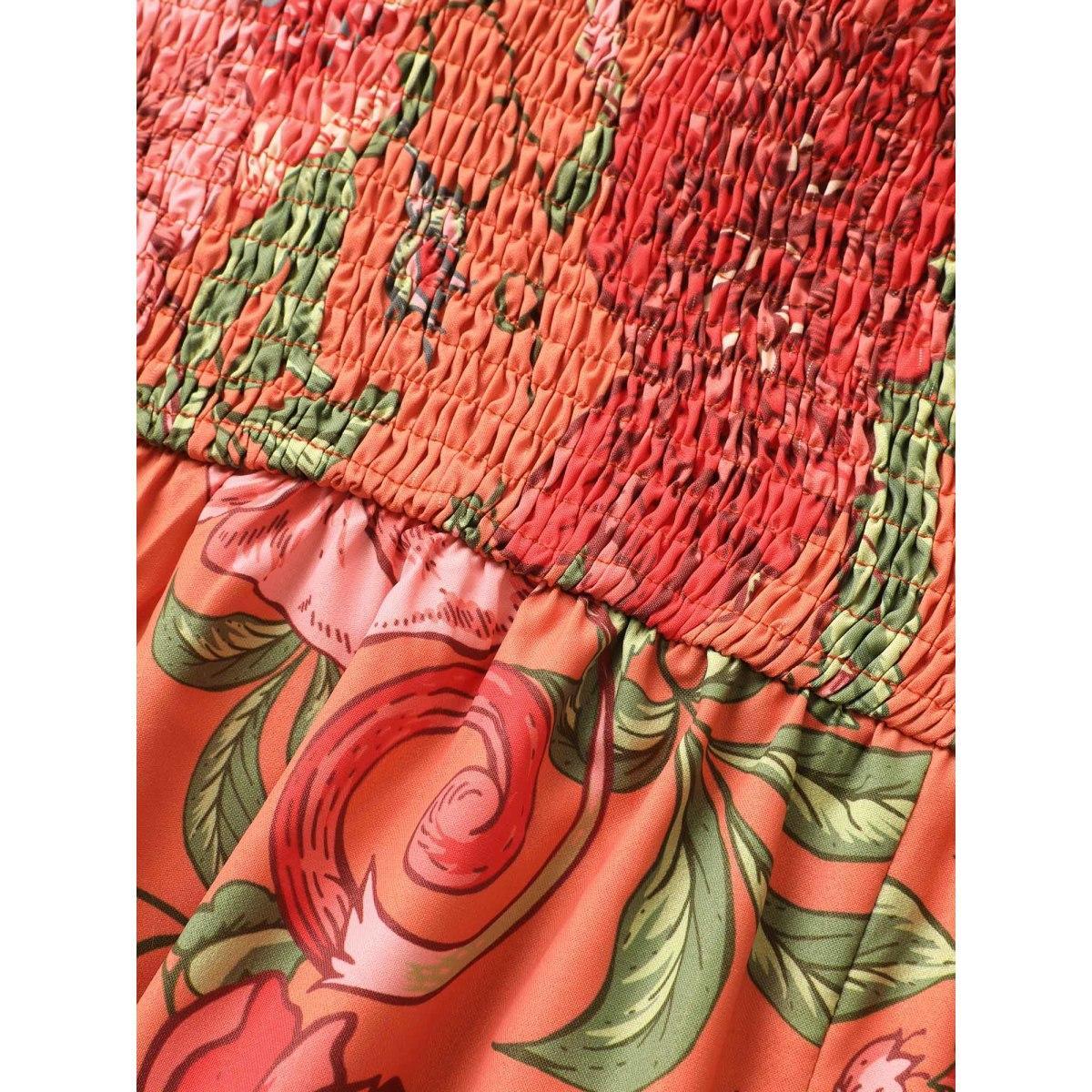 Plus Size Floral Print Elastic Waist Shirred Cami Dress Salmon Women Resort Non V-neck Sleeveless Curvy BloomChic 26/4X Product Image