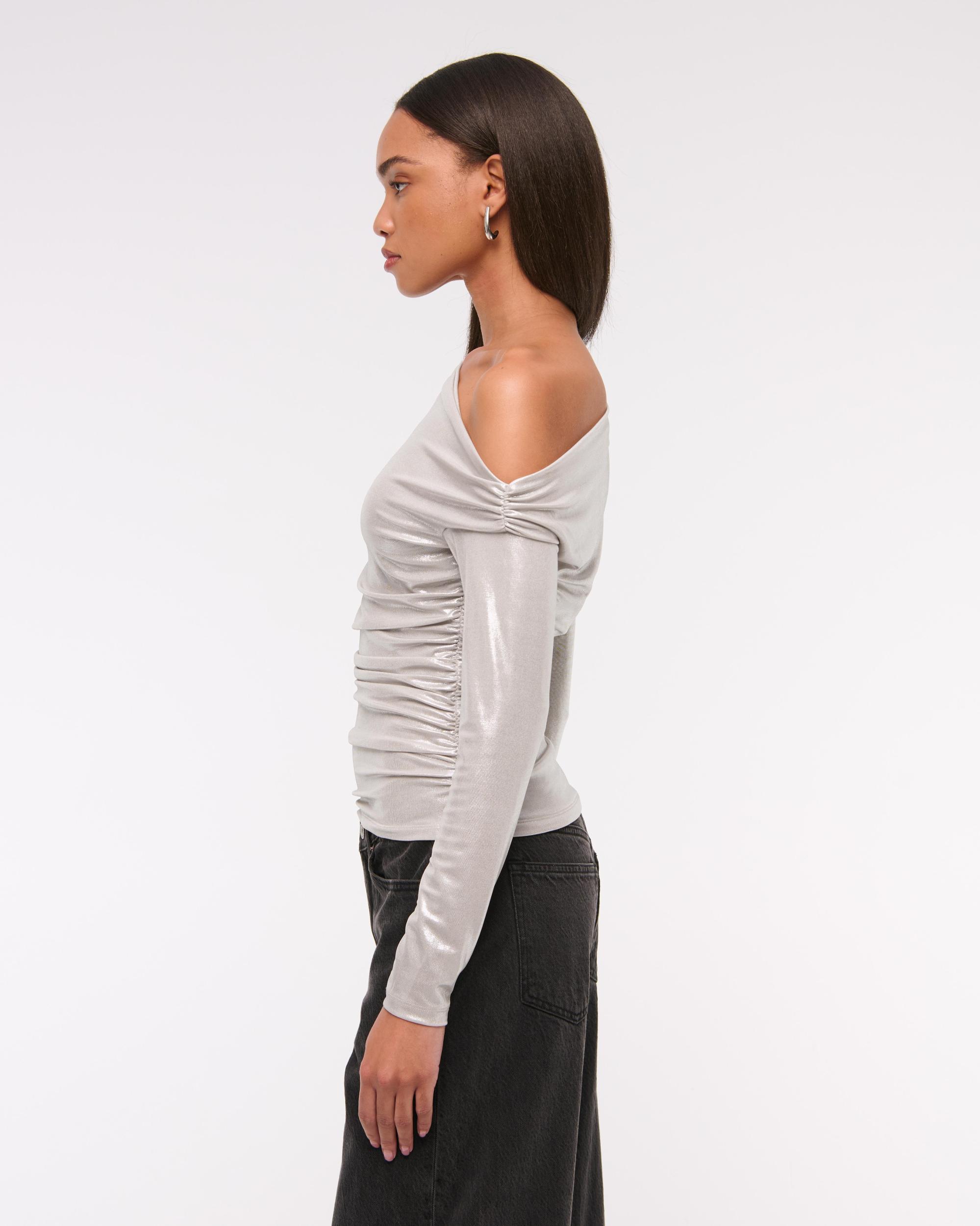 Long-Sleeve Velvet Asymmetrical Draped Top Product Image