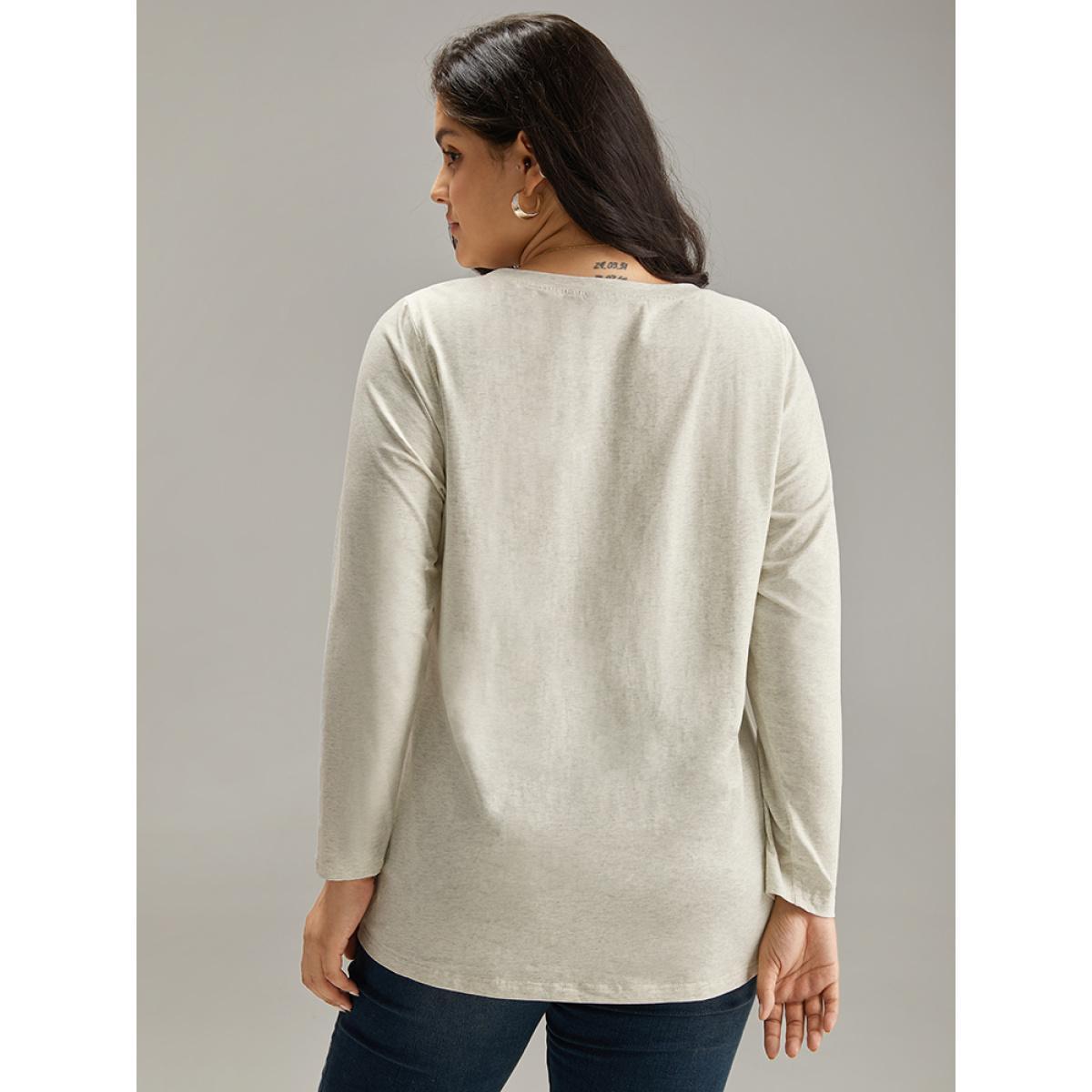 Plus Size Cotton Heather Long Sleeve T-shirt LightGray Women Casual Plain Plain Round Neck Dailywear T-shirts BloomChic 12/L Product Image