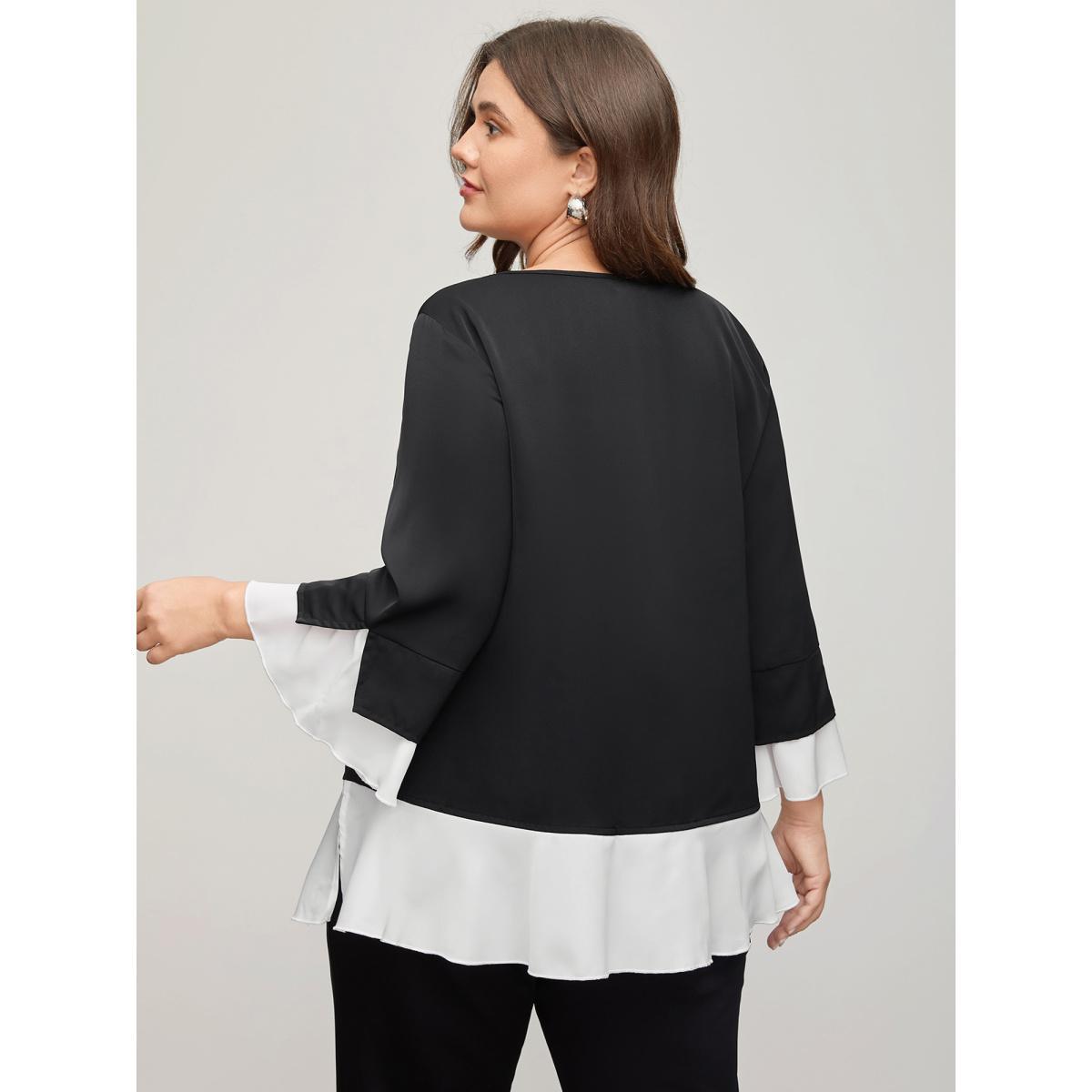 Plus Size Black Contrast Patchwork Bell Sleeve Blouse Women Elegant Elbow-length sleeve Round Neck Everyday Blouses BloomChic 30/6X Product Image