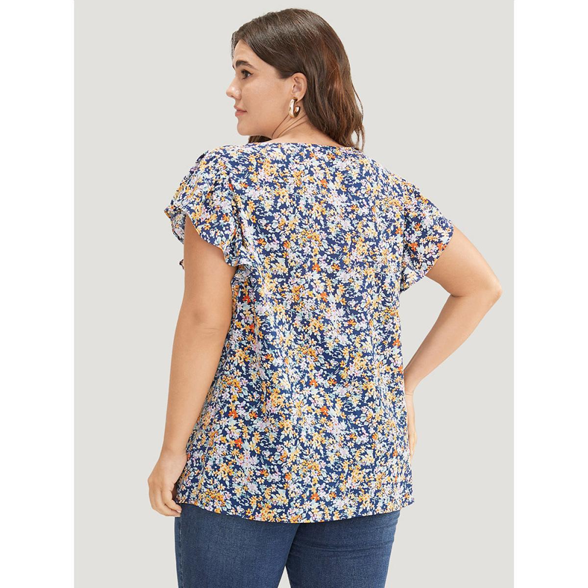 Plus Size Indigo Ditsy Floral Ruffle Sleeve Contrast Lace Blouse Women Elegant Short sleeve Round Neck Dailywear Blouses BloomChic 18-20/2X Product Image