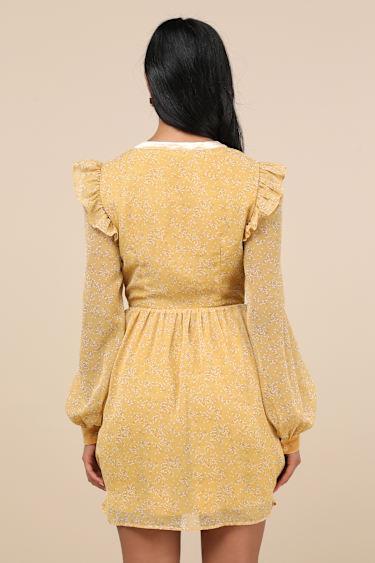 Posh Impression Yellow Floral Print Tie Neck Mini Dress Product Image