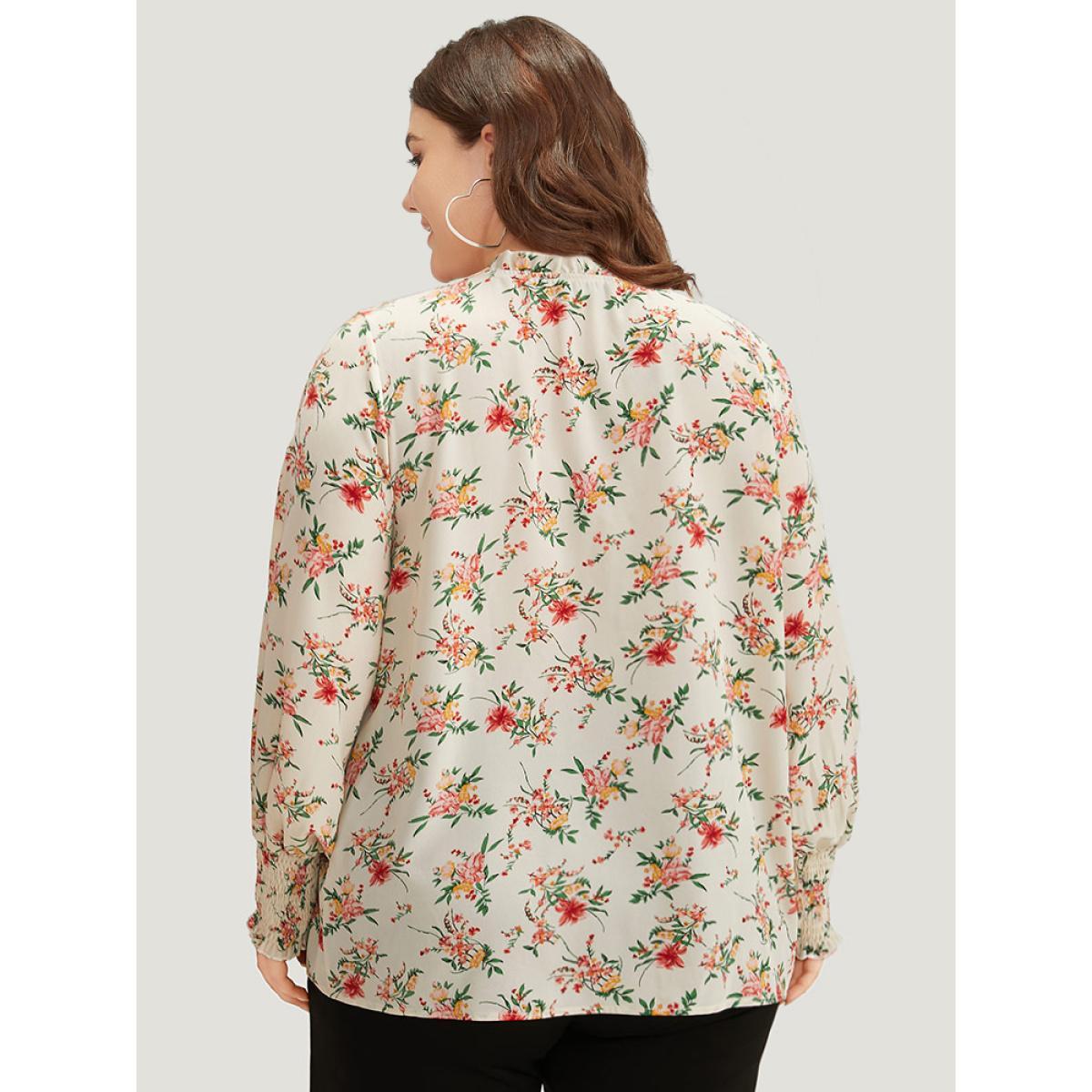 Plus Size White Floral Print Shirred Frill Trim Blouse Women Elegant Long Sleeve Round Neck Dailywear Blouses BloomChic 18-20/2X Product Image