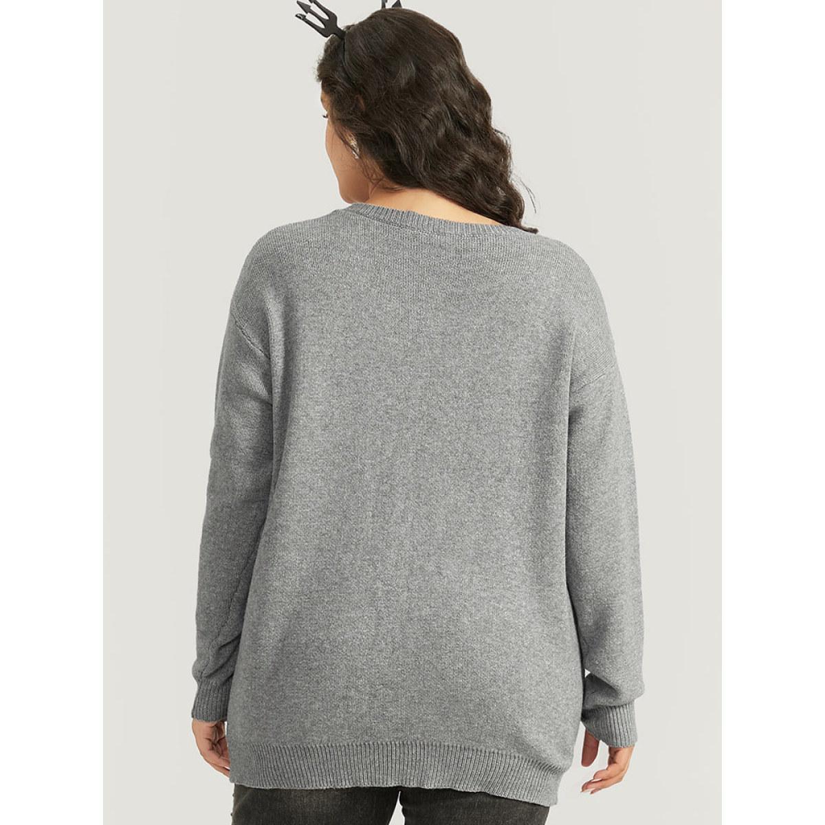 Plus Size Halloween Supersoft Essentials Skull Print Striped Round Neck Pullover DarkGray Women Casual Long Sleeve Round Neck Festival-Halloween Pullovers BloomChic 10/M Product Image