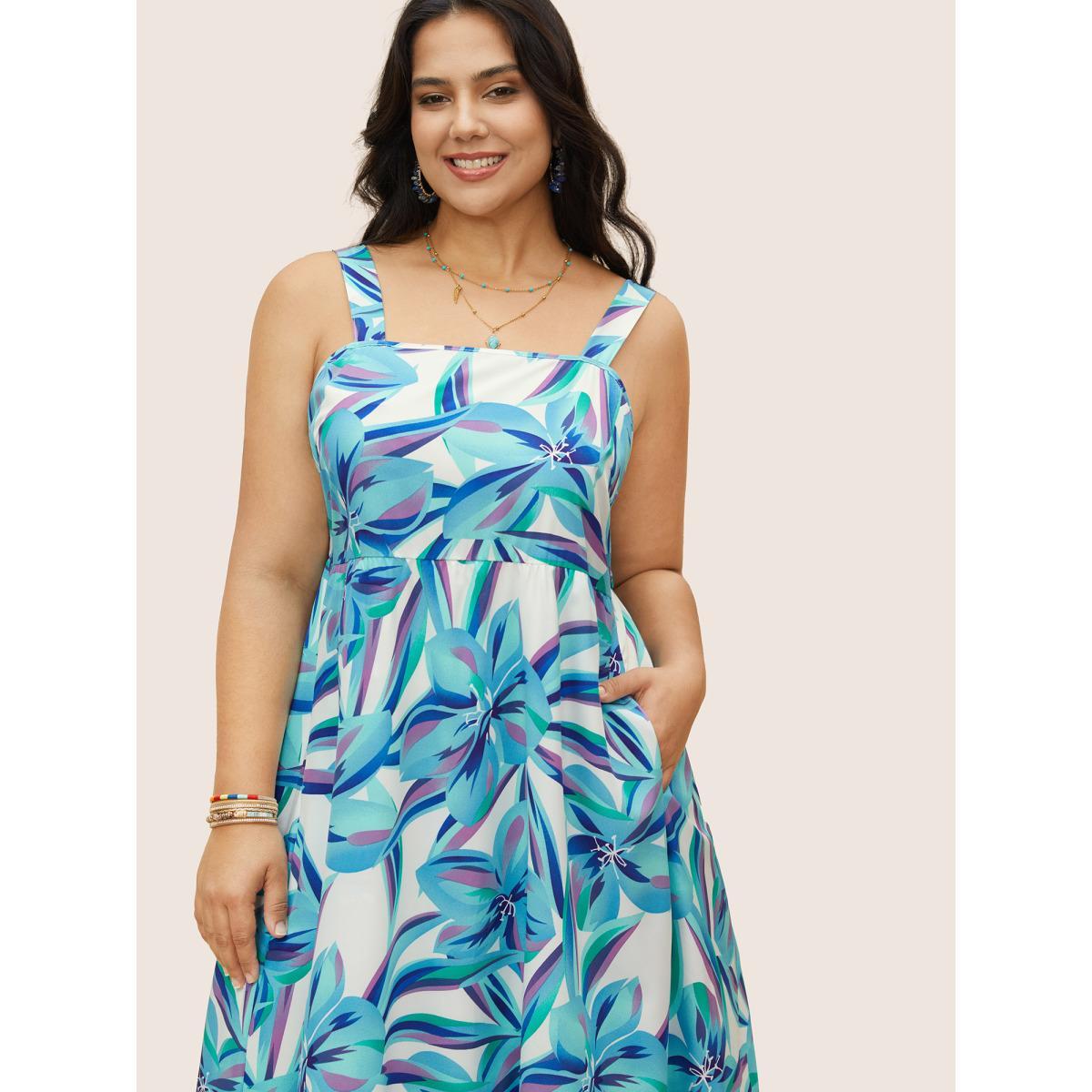 Plus Size Floral Tassel Trim Elastic Waist Pocket Dress Cerulean Women Resort Tie knot Non Sleeveless Curvy BloomChic 28/5X Product Image