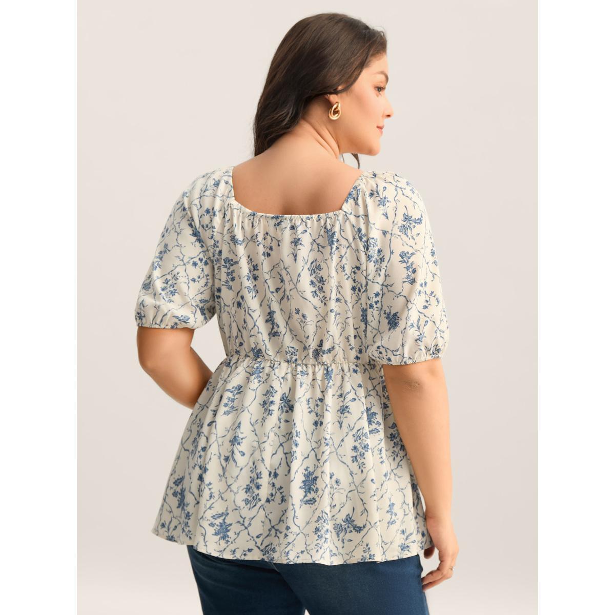 Plus Size Beige Floral Pleated Bodice Puffy Sleeve Blouse Women Half Sleeve Square Neck Everyday-Elegant Blouses BloomChic 12/L Product Image