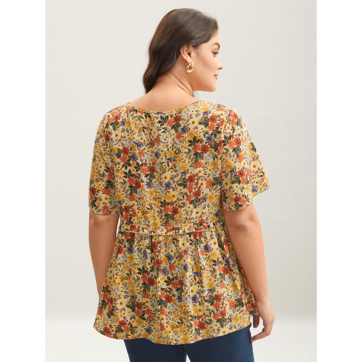 Plus Size Beige Floral Ruffled Round Neck Shirt Women Elegant Short sleeve Round Neck Everyday Blouses BloomChic 18-20/2X Product Image