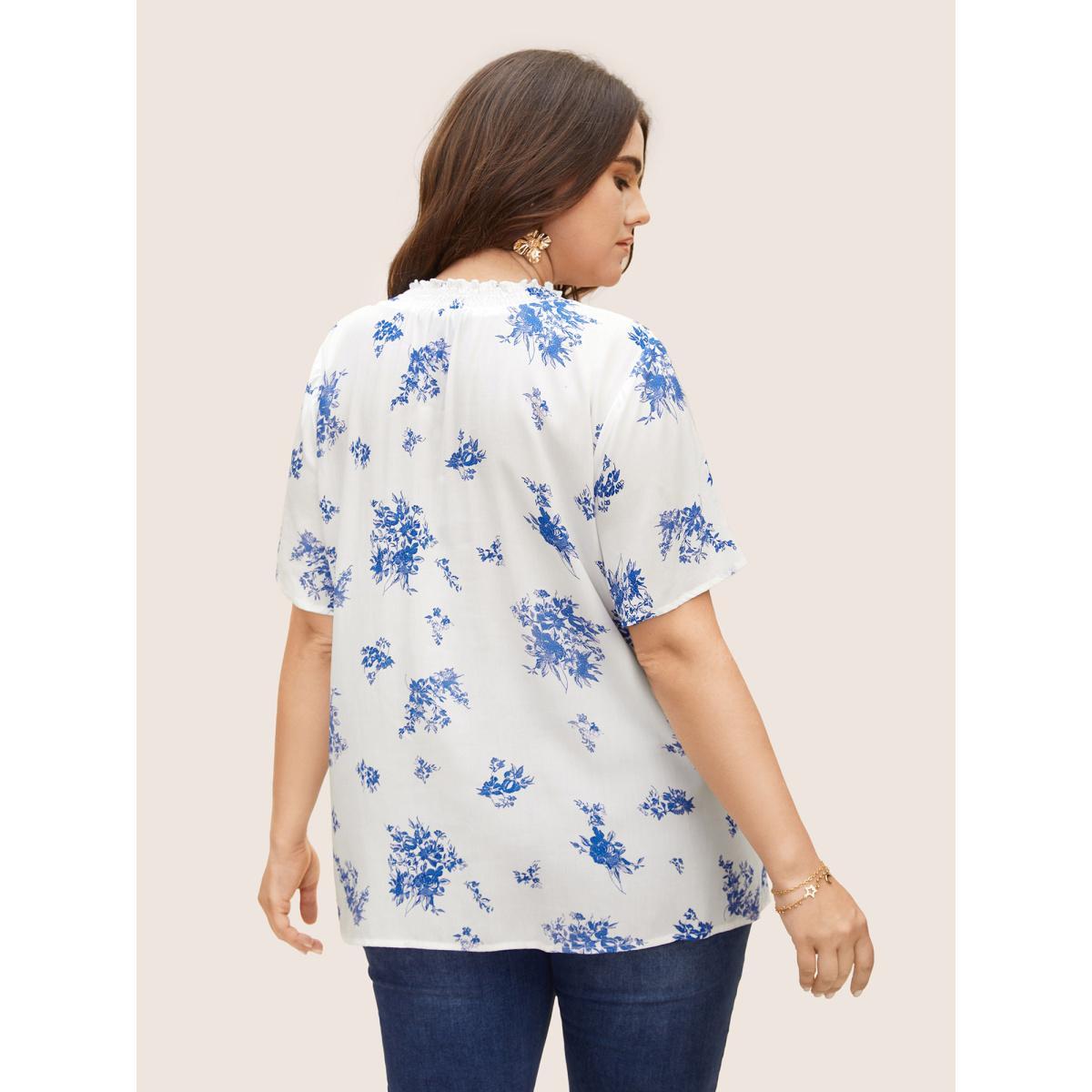 Plus Size Mediumblue Wrap Collar Floral Ruffle Sleeve Blouse Women Elegant Short sleeve Wrap collar Everyday Blouses BloomChic 26/4X Product Image