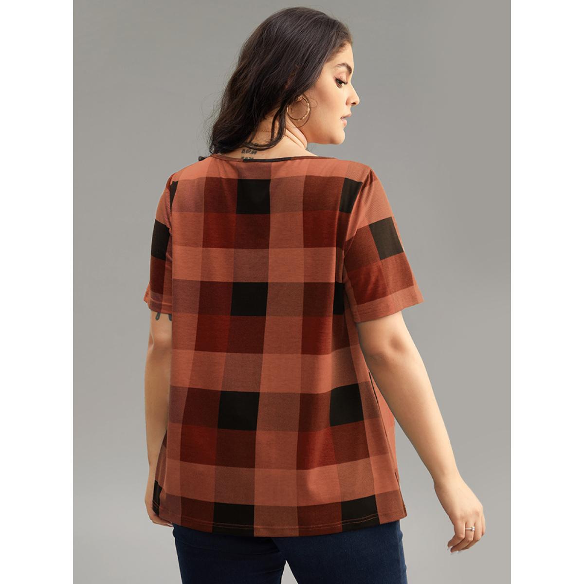 Plus Size Plaid Round Neck Gathered T-shirt Red Women Casual Gathered Plaid Round Neck Everyday T-shirts BloomChic 14-16/1X Product Image