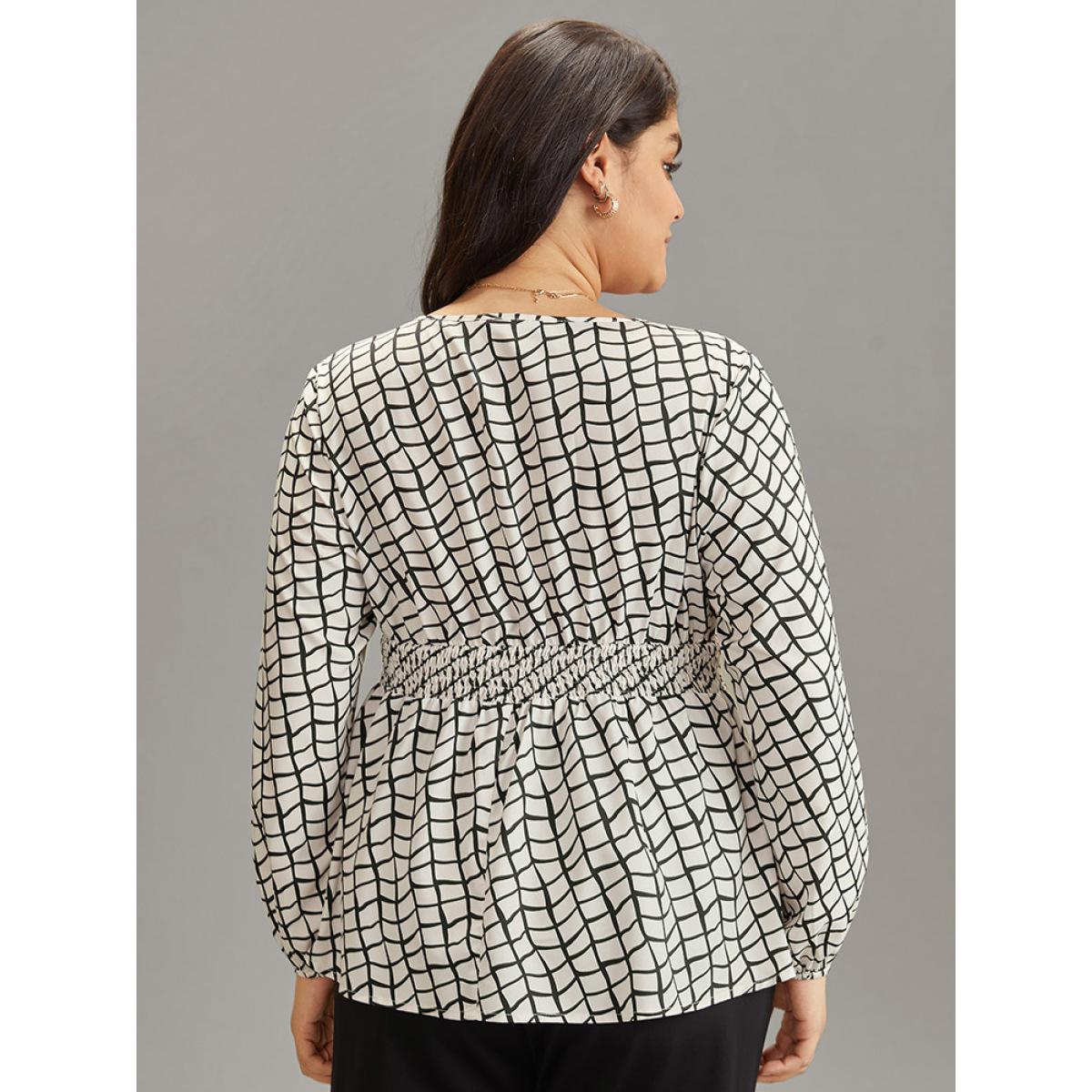 Plus Size White Plaid Lace Up Overlap Collar Shirred Blouse Women Office Long Sleeve Overlap Collar Work Blouses BloomChic 28/5X Product Image
