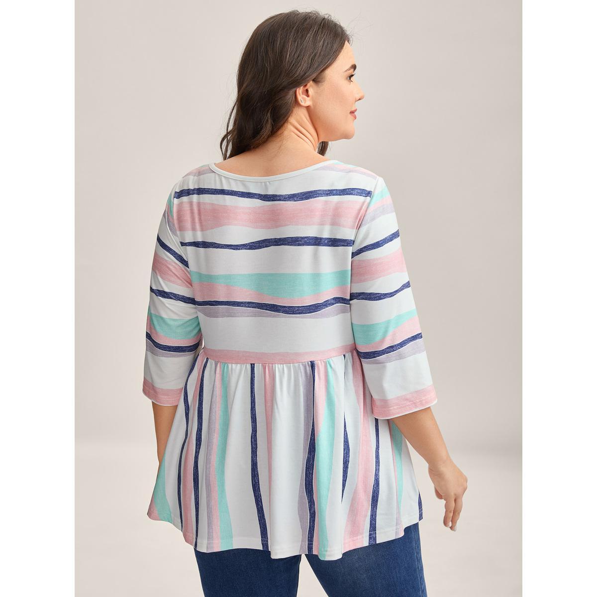 Plus Size Color Contrast Seven-Quarter Sleeve T-Shirt Multicolor Women Gathered Round Neck Everyday-Casual T-shirts BloomChic 18-20/2X Product Image