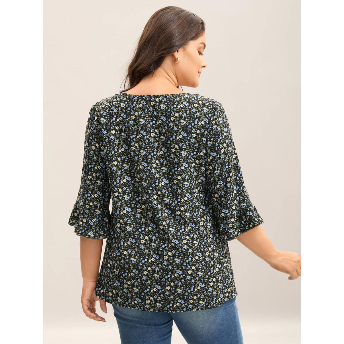 Plus Size Multicolor Ditsy Floral Print Frill Trim Blouse Women Elegant Elbow-length sleeve V-neck Everyday Blouses BloomChic 30/6X Product Image
