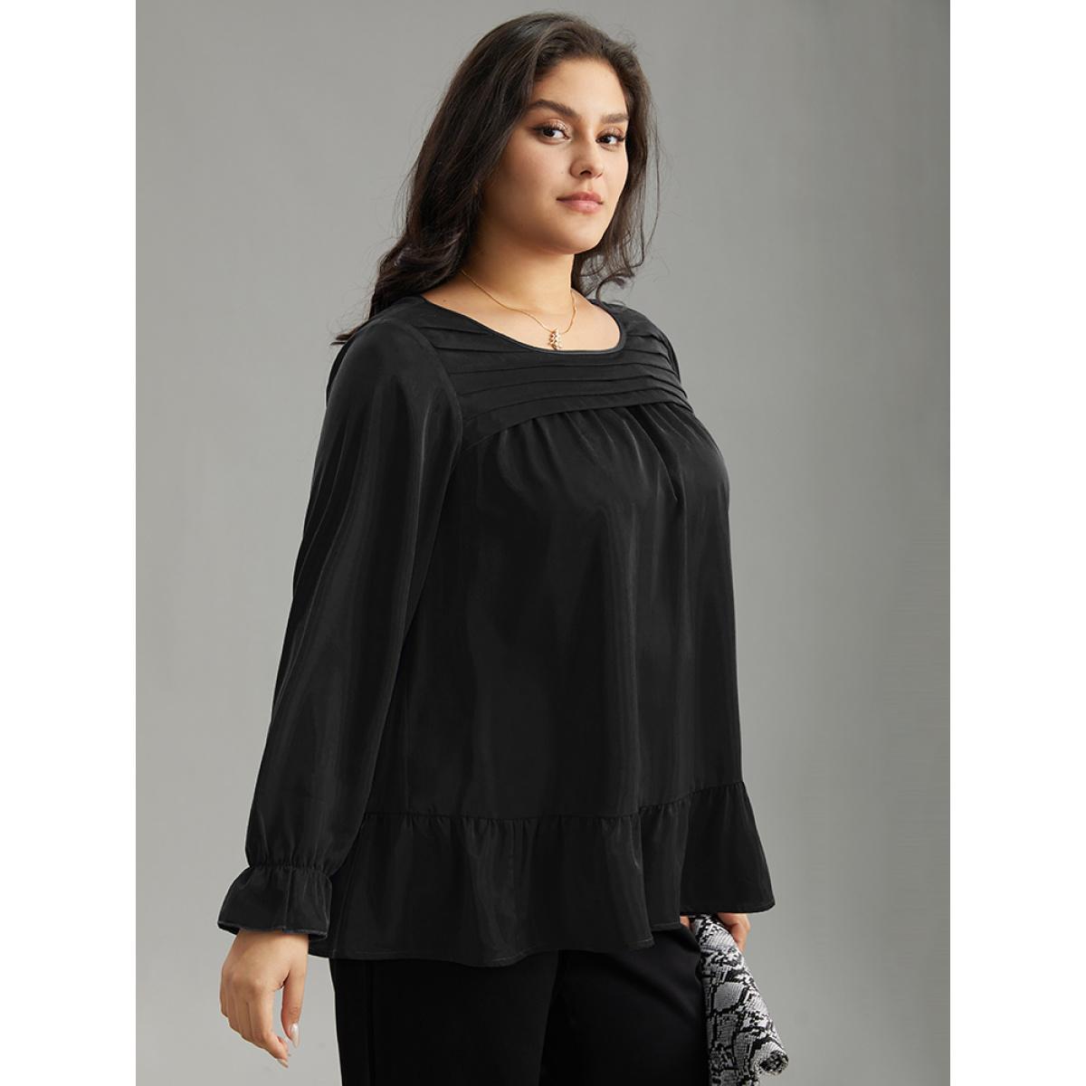 Plus Size Black Static-Free Plain Pleated Ruffles Lantern Sleeve Blouse Women Office Long Sleeve Round Neck Work Blouses BloomChic 12/L Product Image