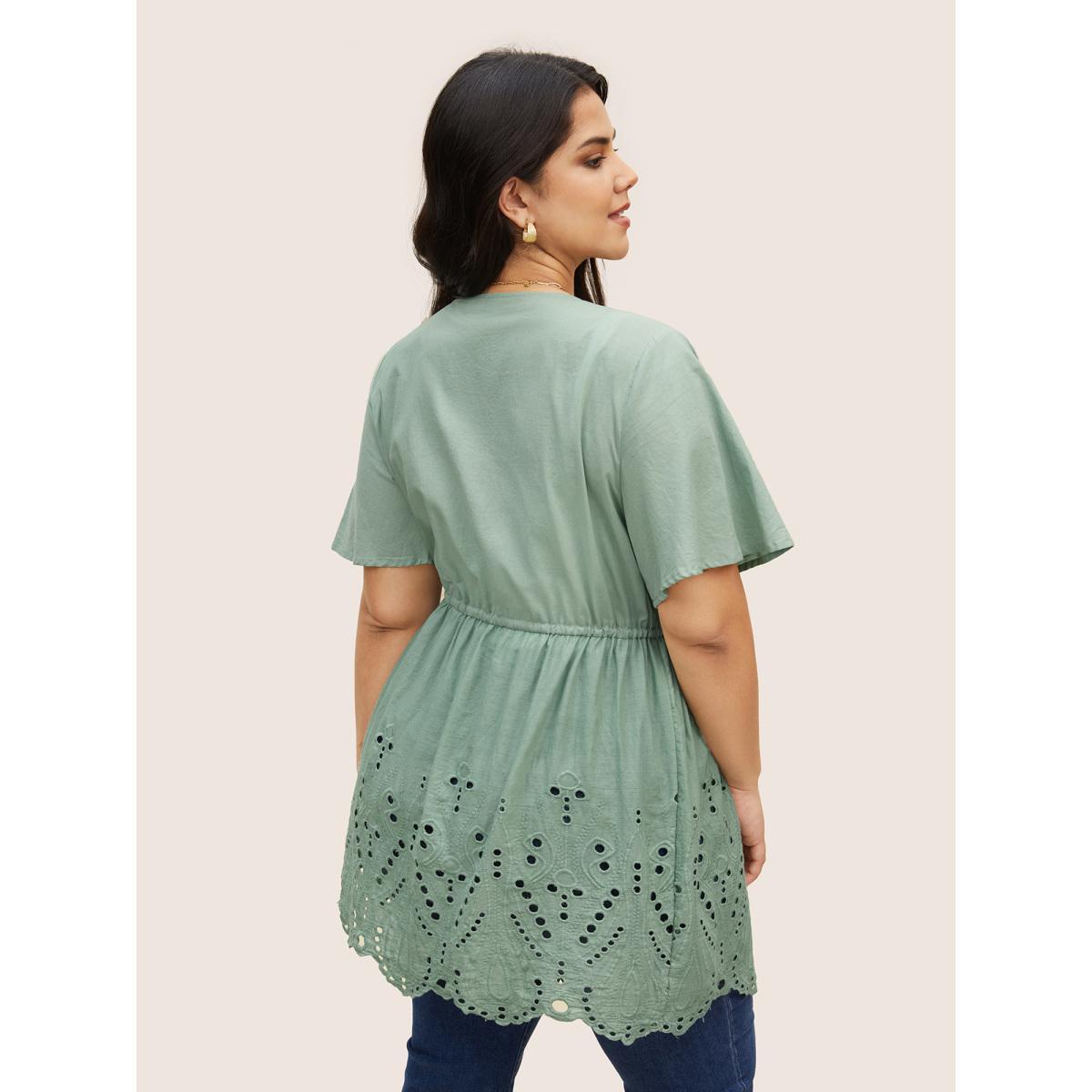 Plus Size Plain Broderie Anglaise Drawstring Kimono Women Mint Resort Embroidered Vacation Kimonos BloomChic 18-20/2X Product Image