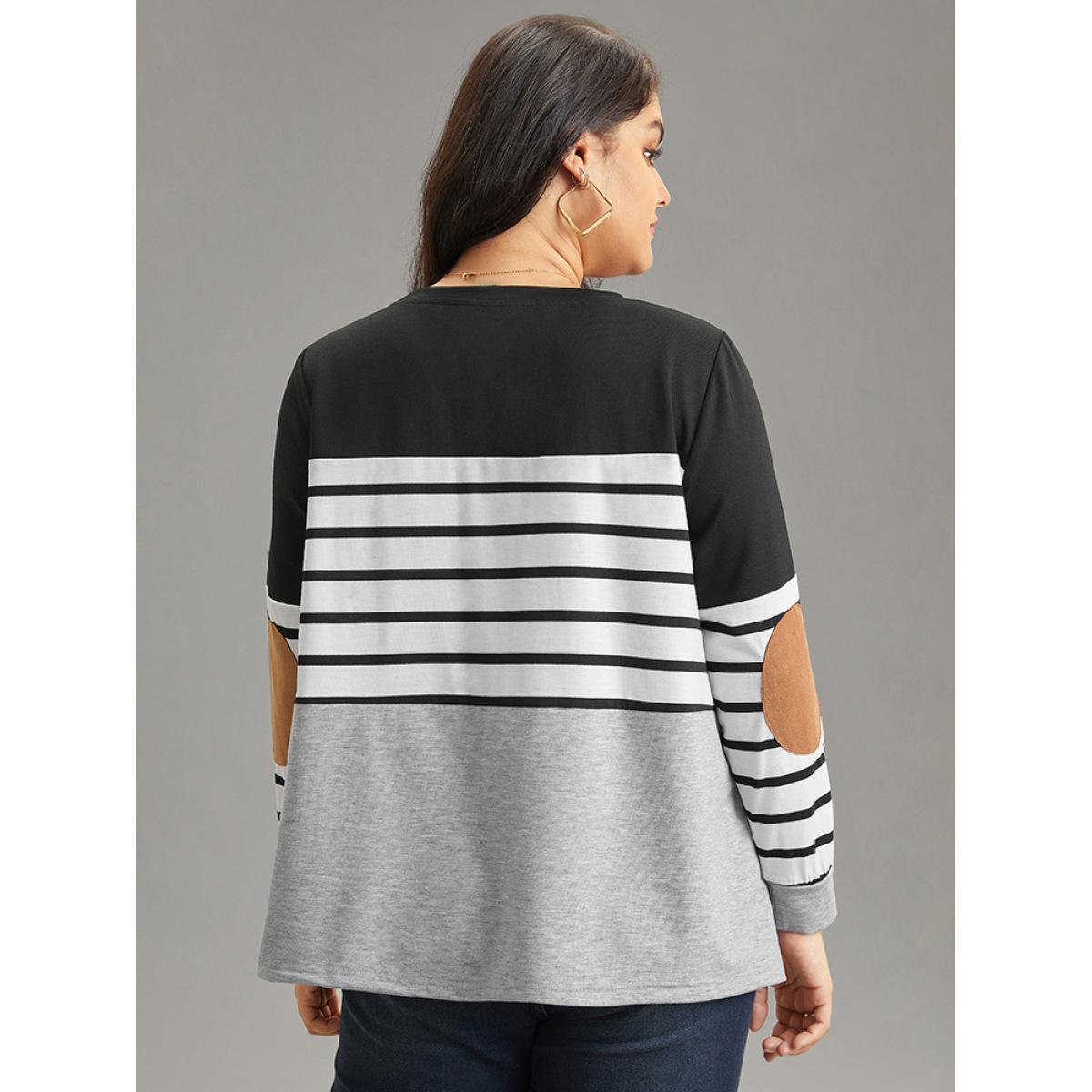 Plus Size Striped Patchwork Contrast Slight Crew Neck Sweatshirt Women Black Casual Contrast Round Neck Dailywear Sweatshirts BloomChic 10/M Product Image