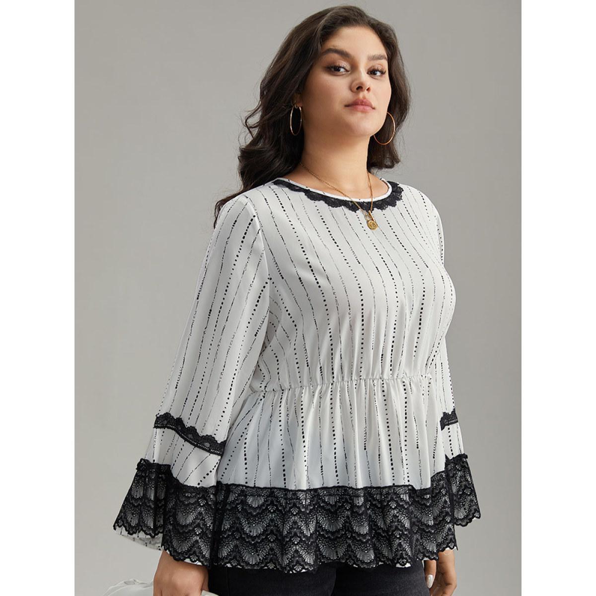 Plus Size White Dot Striped Contrast Lace Elastic Waist Blouse Women Elegant Long Sleeve Round Neck Dailywear Blouses BloomChic 30/6X Product Image
