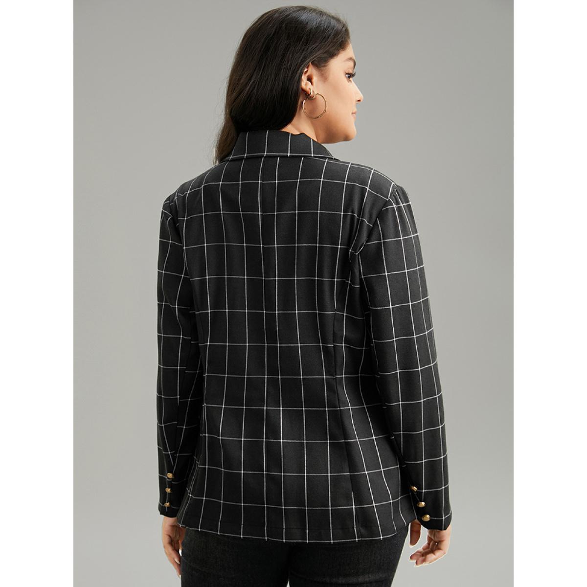 Plus Size Plaid Suit Collar Metal Detail Pocket Blazer Black Women Work Plaid Contrast Sleeve Long Sleeve Suit Collar 12/L Pocket Work From Home Blazers BloomChic Product Image