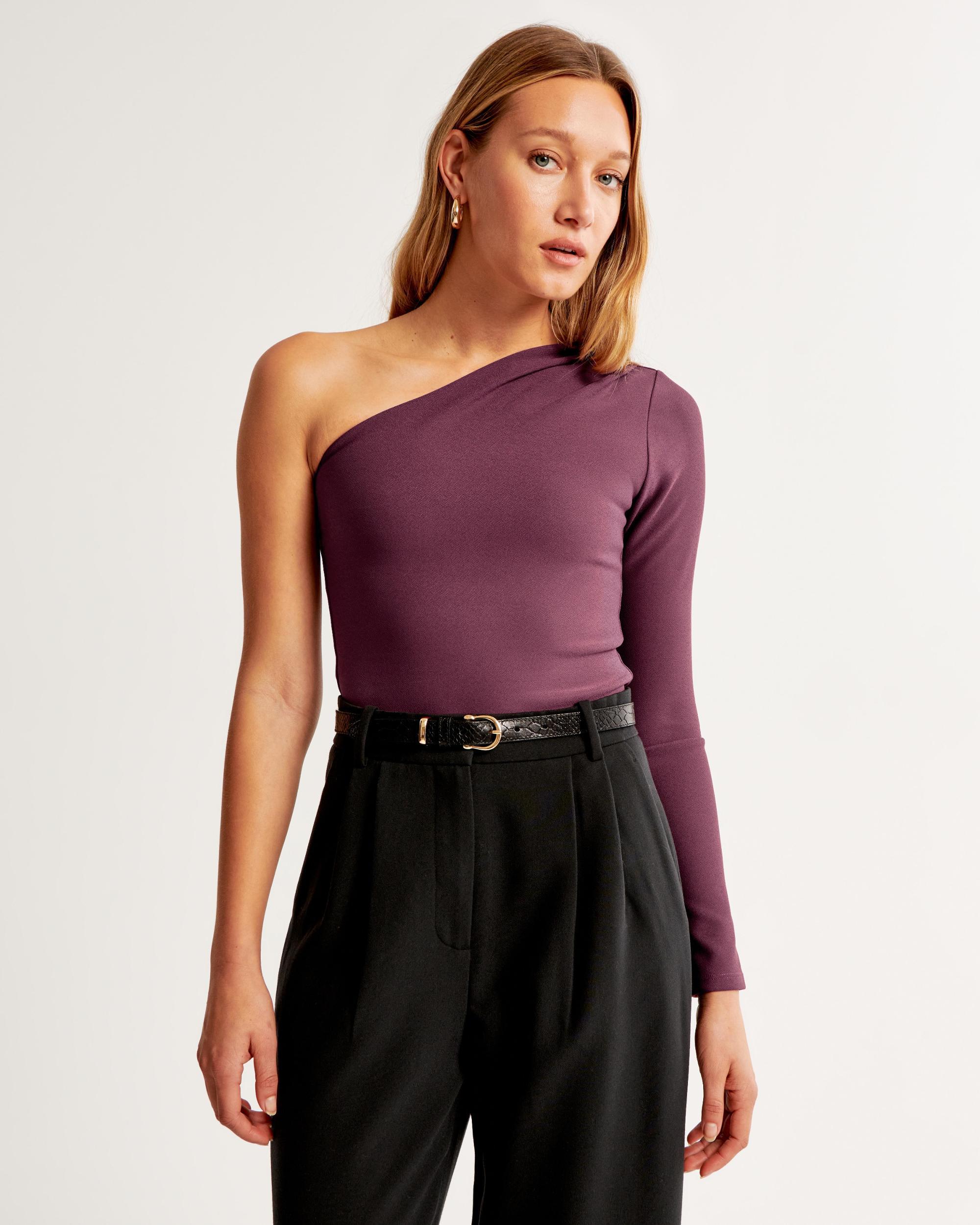 Long-Sleeve Crepe Asymmetrical One-Shoulder Bodysuit Product Image