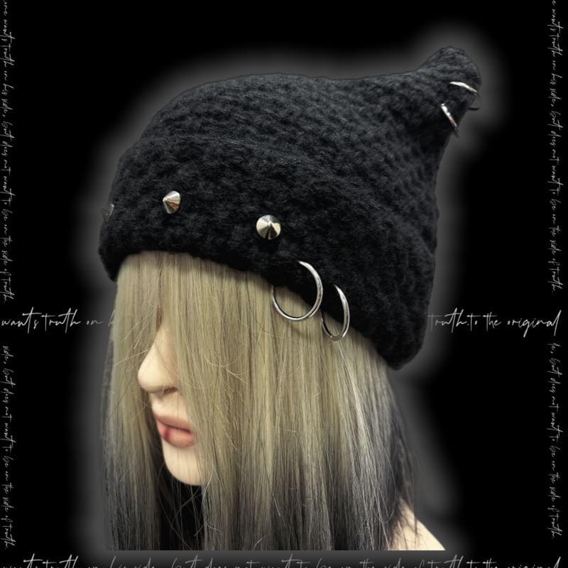 Cat Ear Studded Knit Beanie Product Image