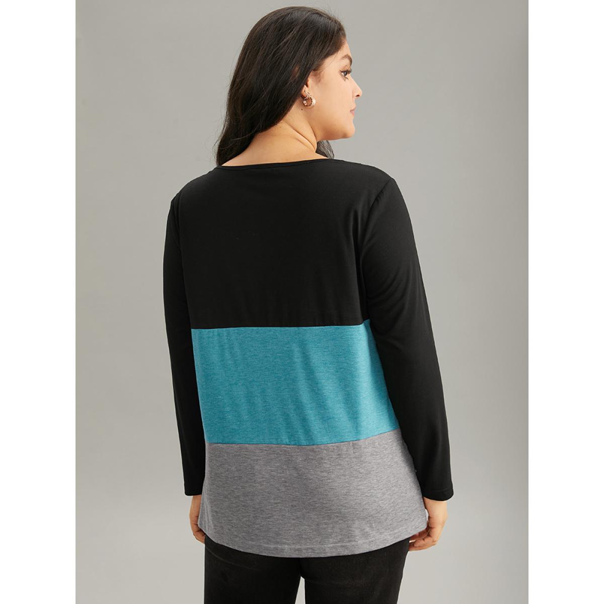 Plus Size Colorblock Contrast Twist Front T-shirt Multicolor Women Casual Contrast Plain V-neck Dailywear T-shirts BloomChic 12/L Product Image
