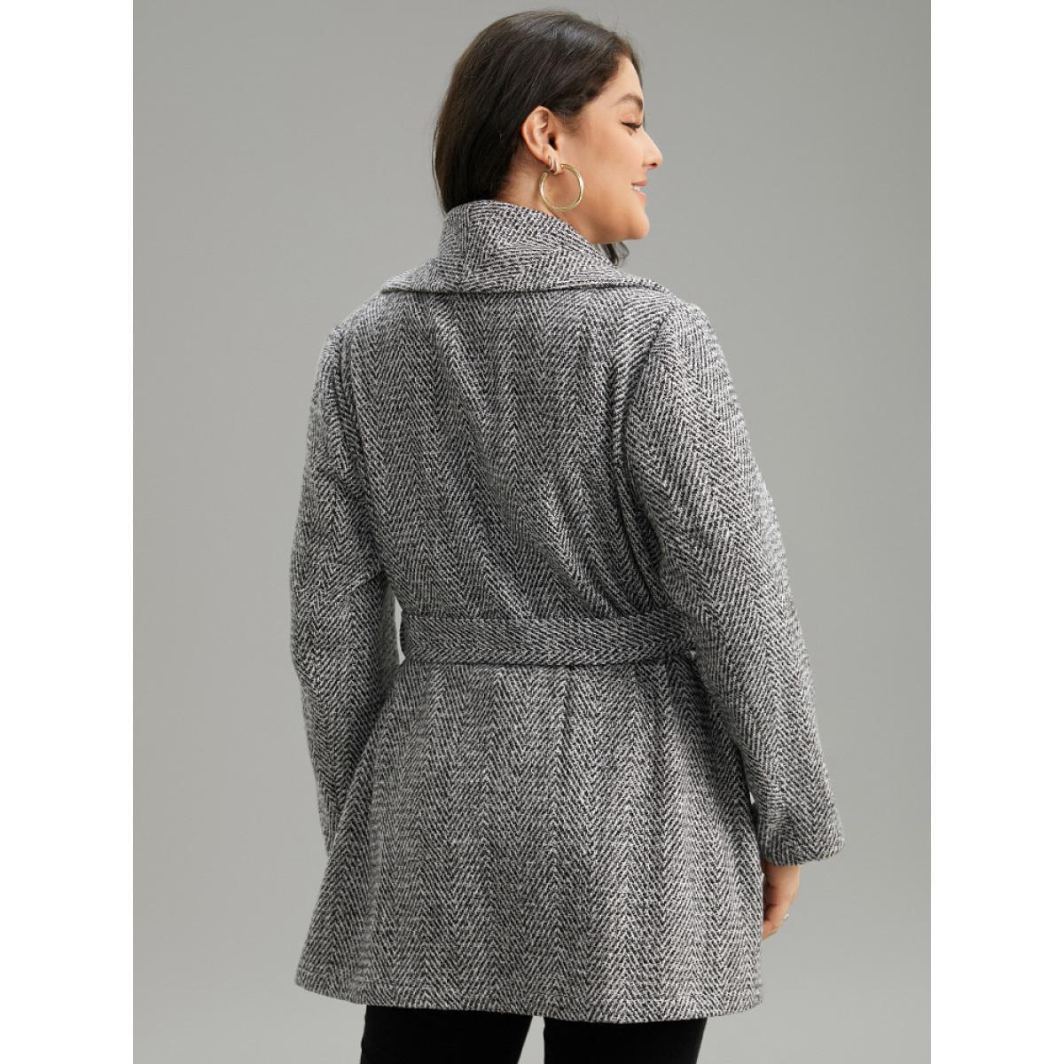 Plus Size Tweed Belted Lapel Collar Flap Pocket Coat Women Black Casual Belted Ladies Dailywear Winter Coats BloomChic 14-16/1X Product Image