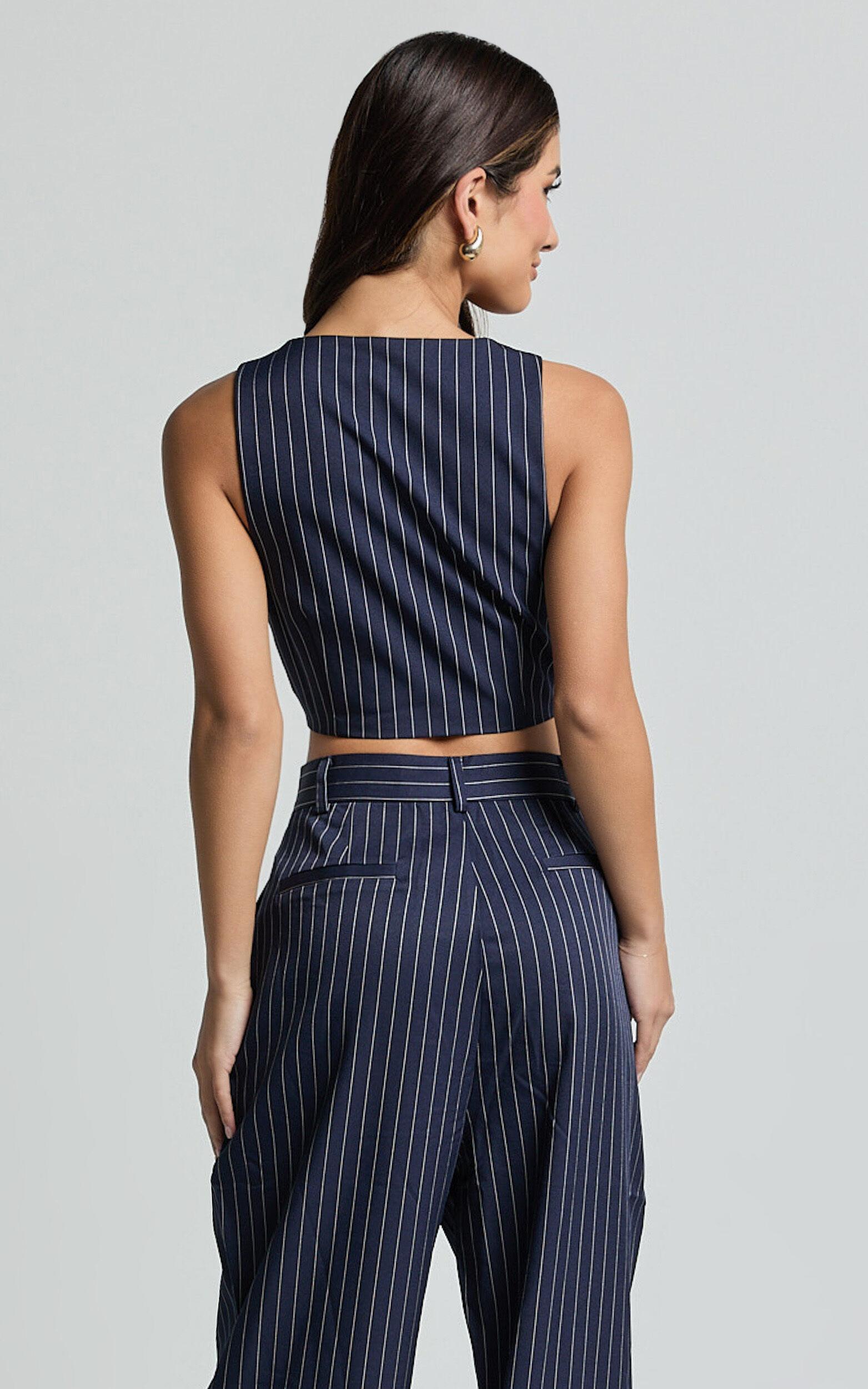 Iyah Top - V Neck Button Up Cropped Vest in Navy Pinstripe Product Image