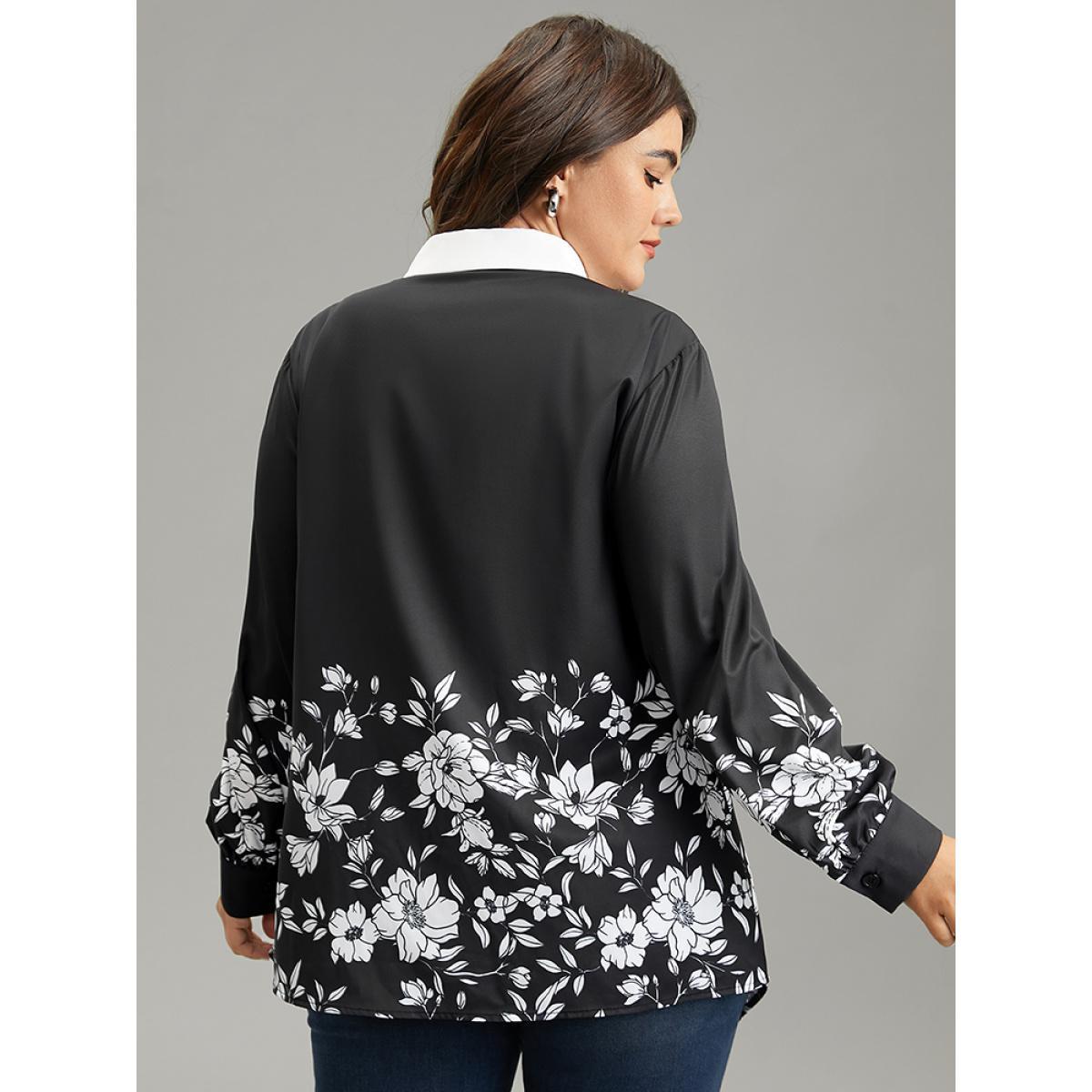 Plus Size Black Boho Print Patchwork Asymmetrical Hem Pleated Blouse Women Elegant Long Sleeve Shirt collar Work Blouses BloomChic 22-24/3X Product Image