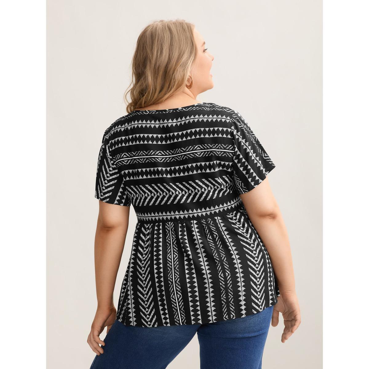 Plus Size Black Boho Striped Round Neck Babydoll Shirt Women Resort Cap Sleeve Round Neck Vacation Blouses BloomChic 22-24/3X Product Image