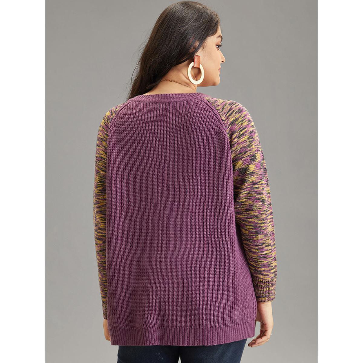 Plus Size Ombre Heather Raglan Sleeve Plisse Pullover Mauve Women Casual Loose Long Sleeve V-neck Dailywear Pullovers BloomChic 30/6X Product Image
