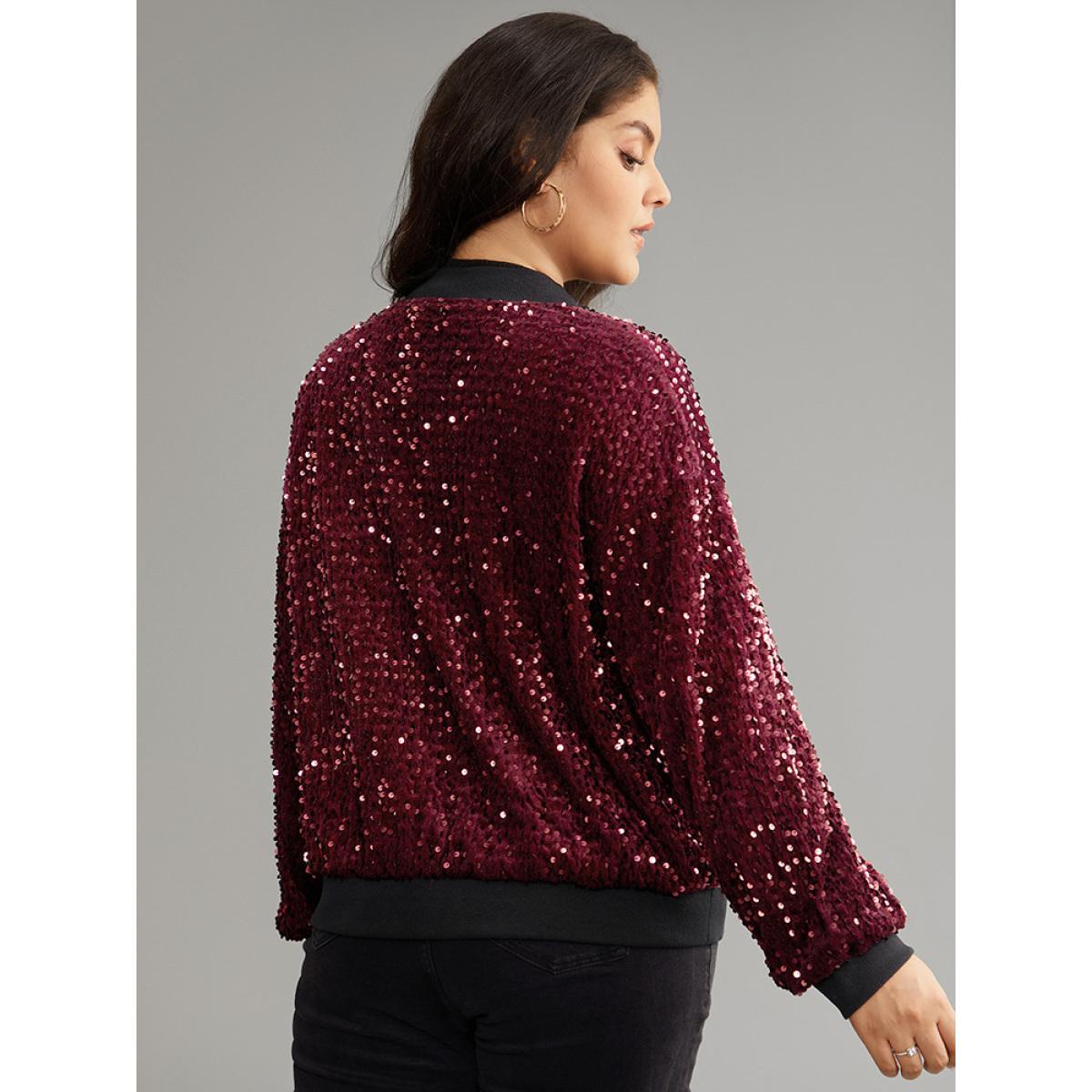 Plus Size Sequin Zipper Patchwork Contrast Bomber Jacket Women Burgundy Contrast Dailywear Jackets BloomChic 22-24/3X Product Image
