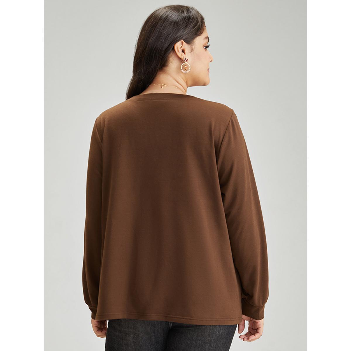 Plus Size Plaid V Neck Patchwork Elastic Cuffs Sweatshirt Women DarkBrown Casual Contrast V-neck Festival-Christmas Sweatshirts BloomChic 30/6X Product Image