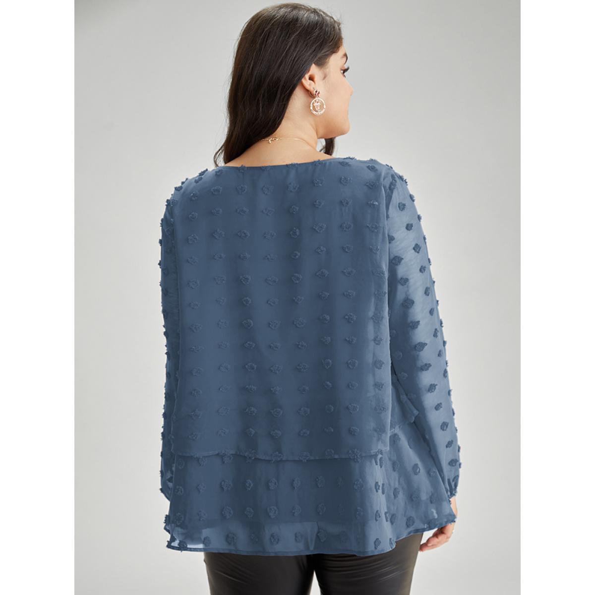 Plus Size Stone Solid Textured Lantern Sleeve Tiered Hem Blouse Women Elegant Long Sleeve Round Neck Everyday Blouses BloomChic 28/5X Product Image