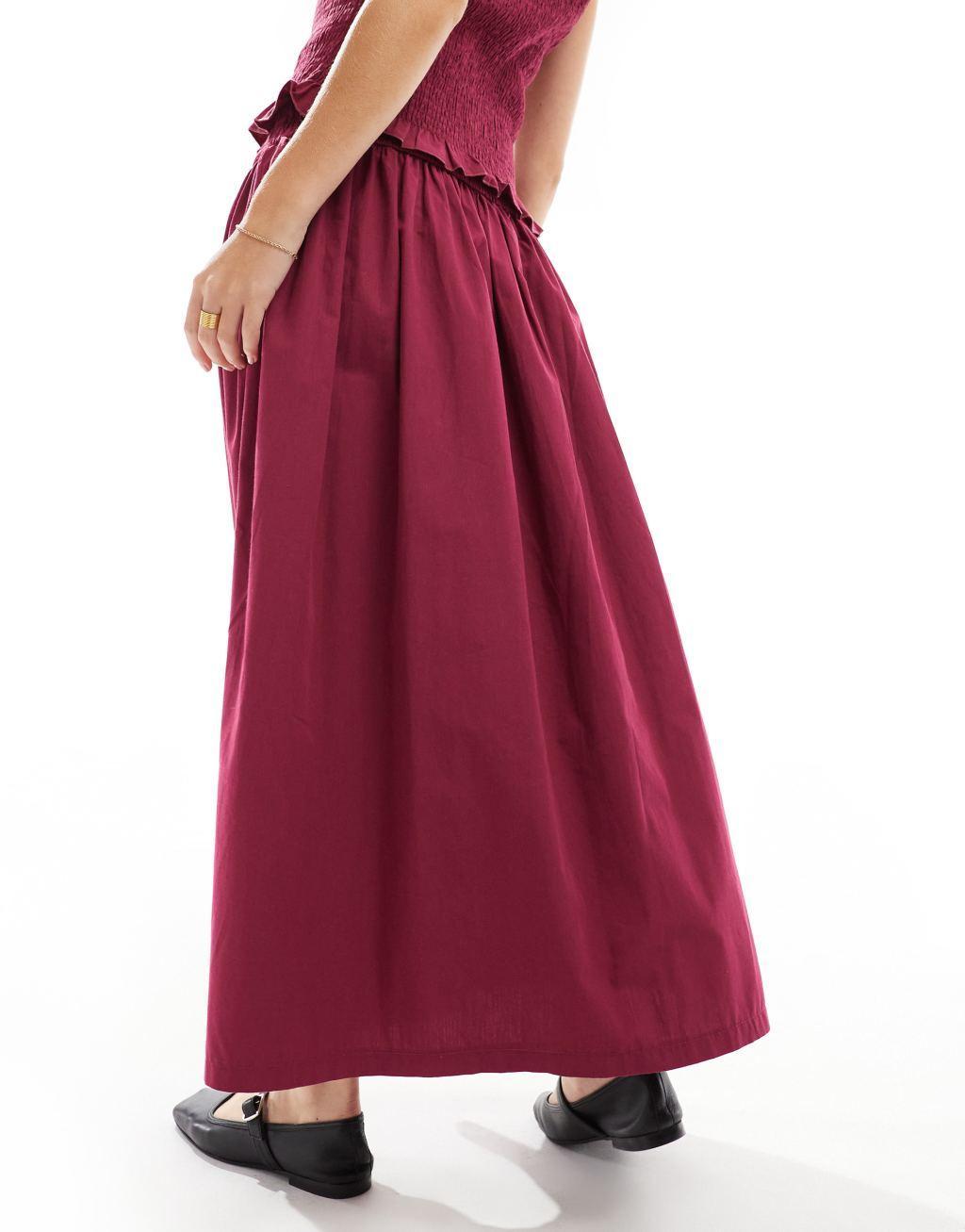 ASOS DESIGN poplin shirred waist maxi skirt in burgundy - part of a set Product Image